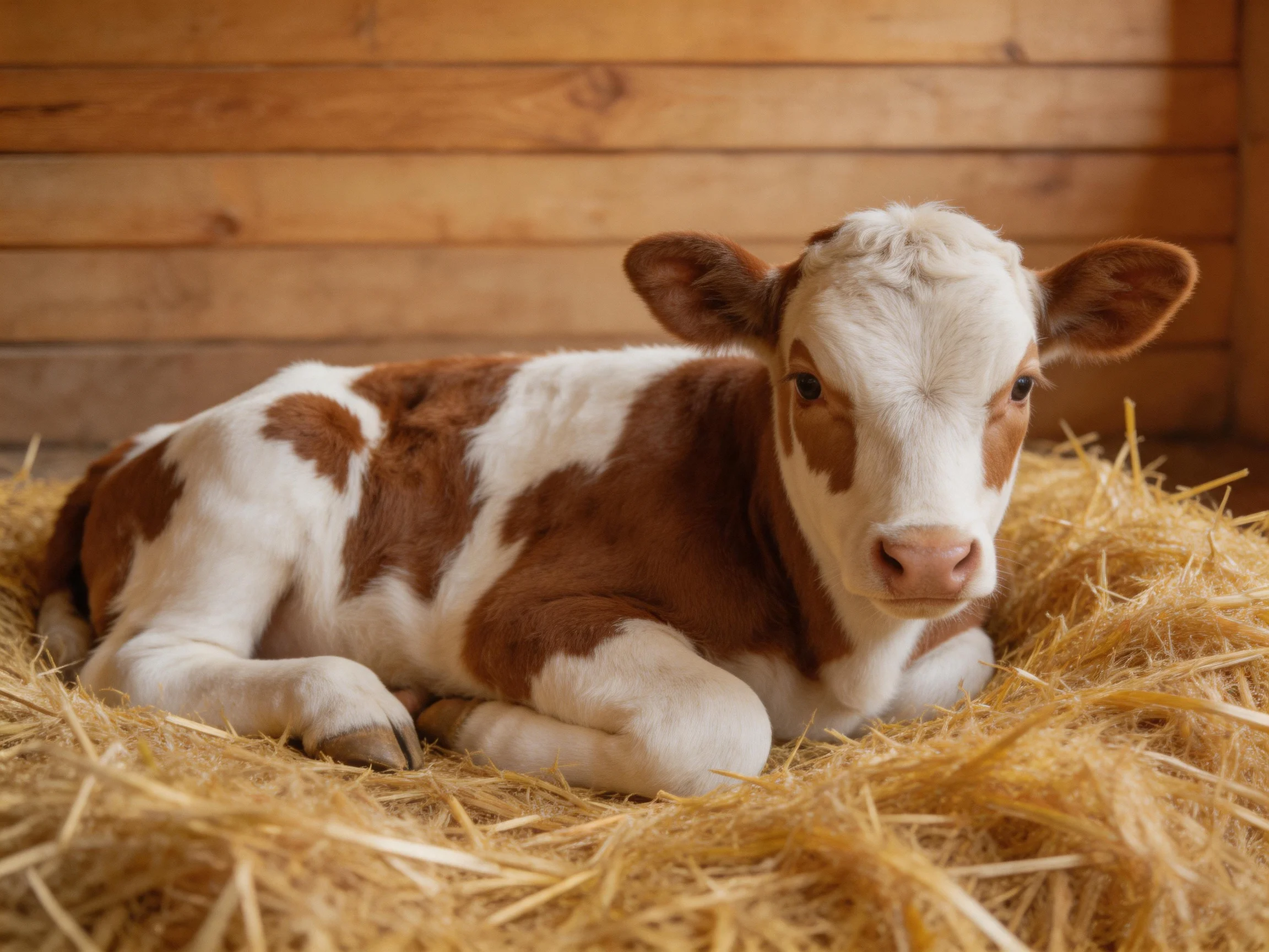 A brown and white spotted calf rests on golden straw in a wooden barn