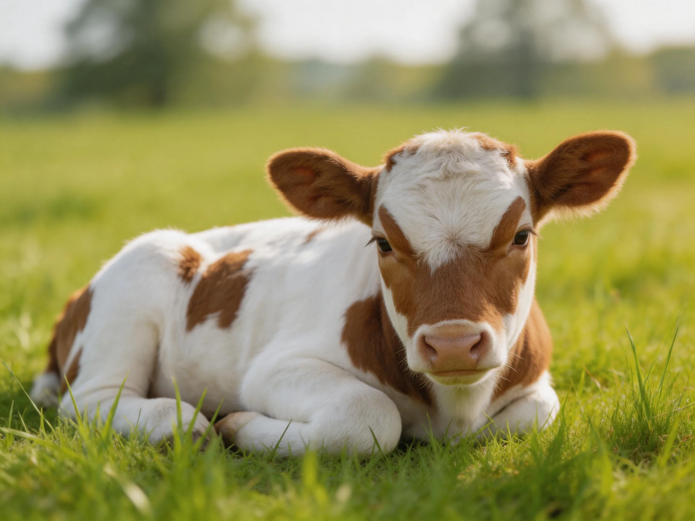 A brown and white spotted calf rests on lush green grass