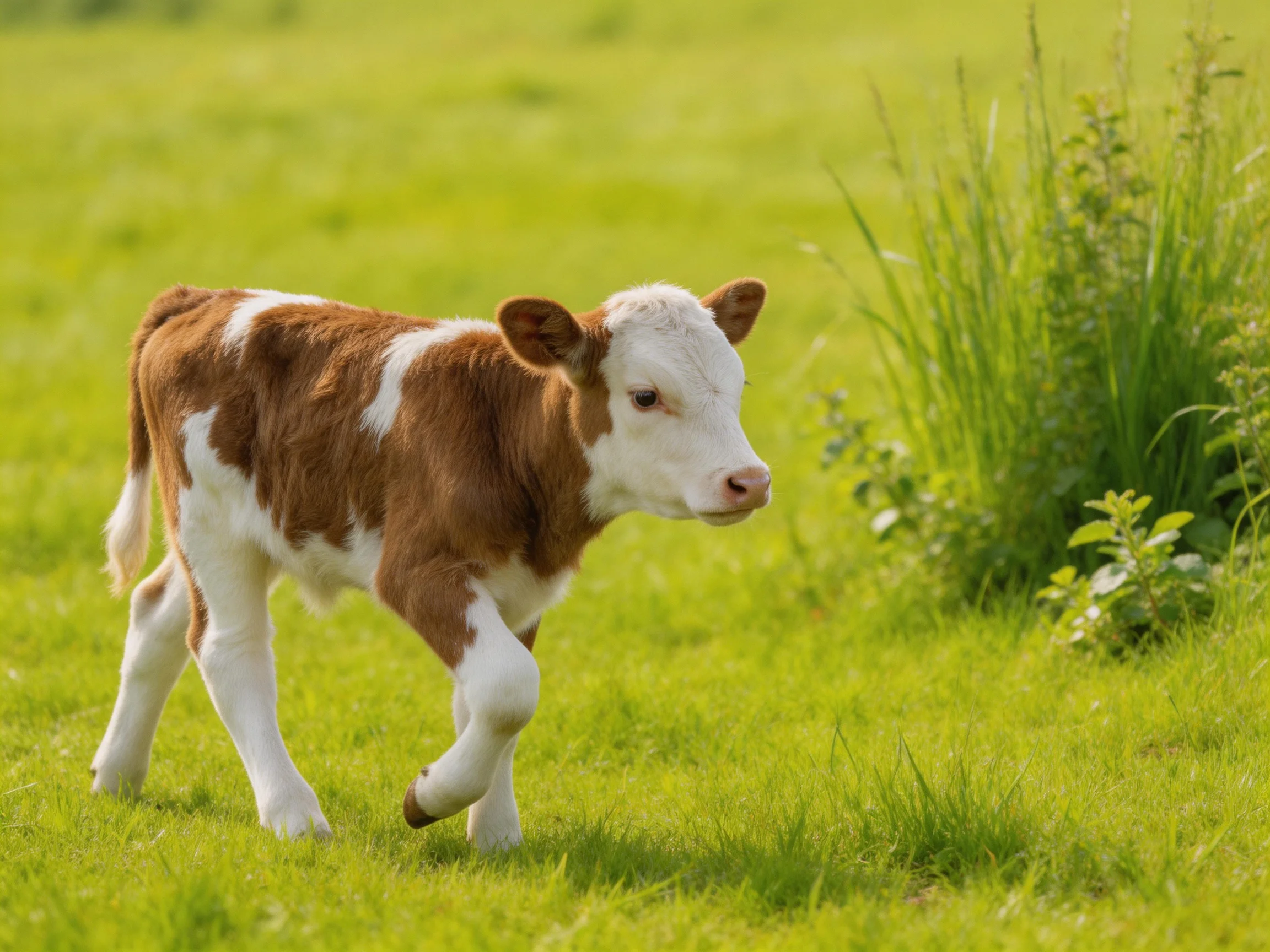 A brown and white spotted calf roams a sun-drenched green meadow