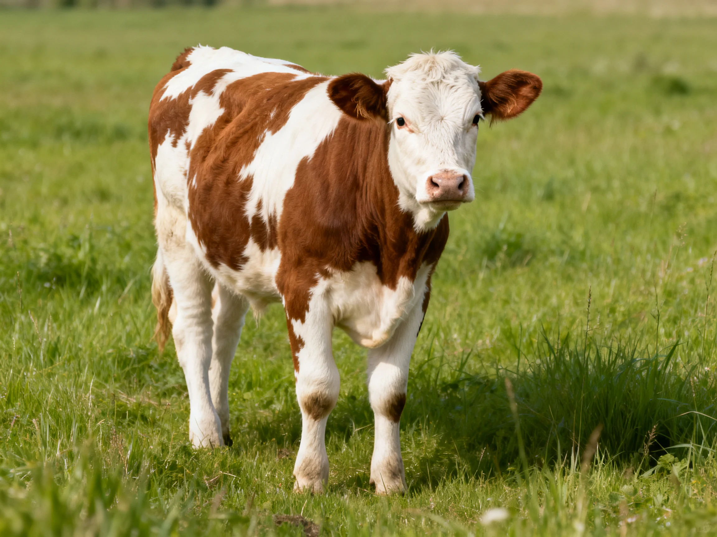 A brown and white spotted calf standing in a lush green pasture