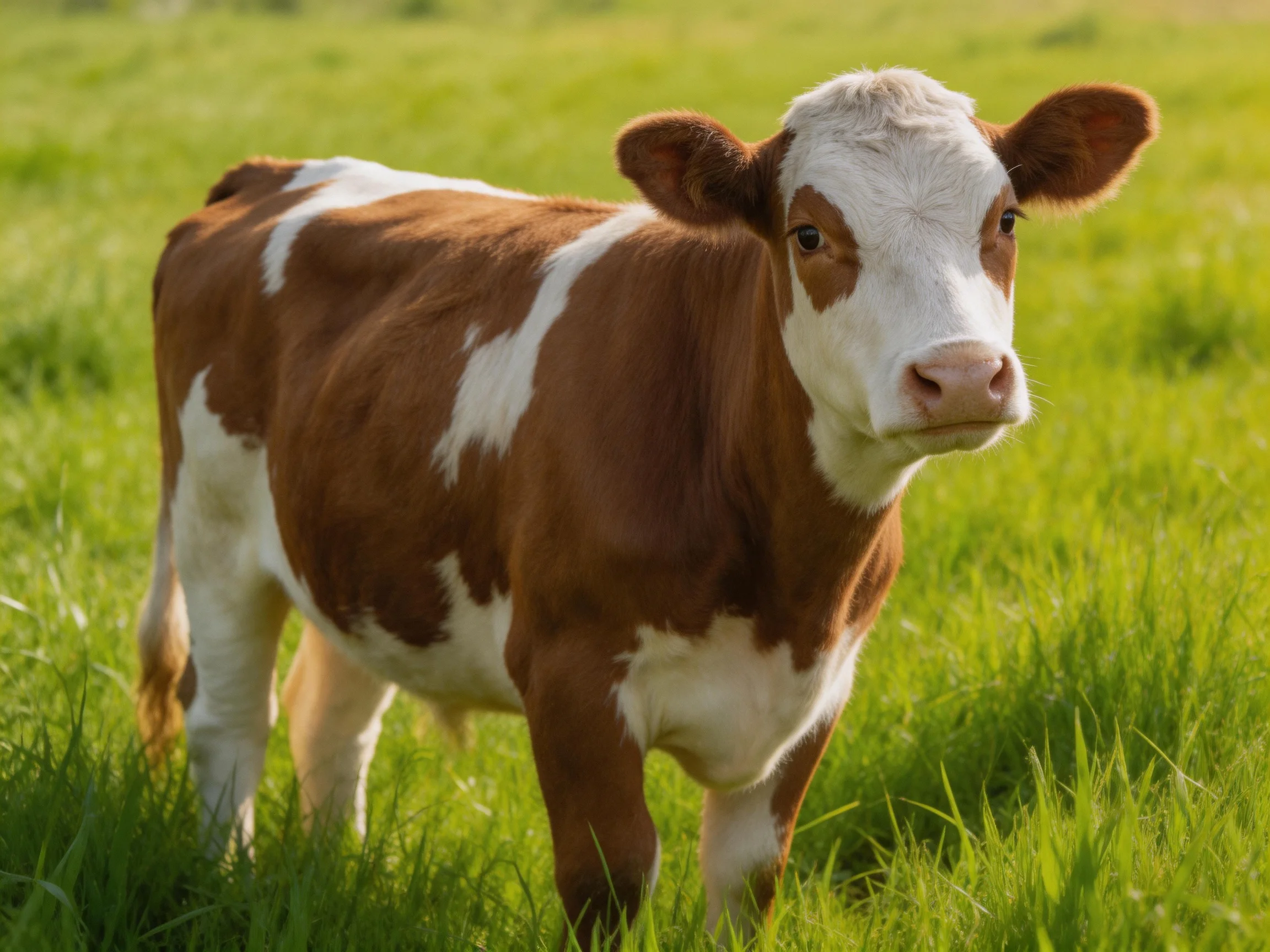 A brown and white spotted calf stands in a lush green pasture