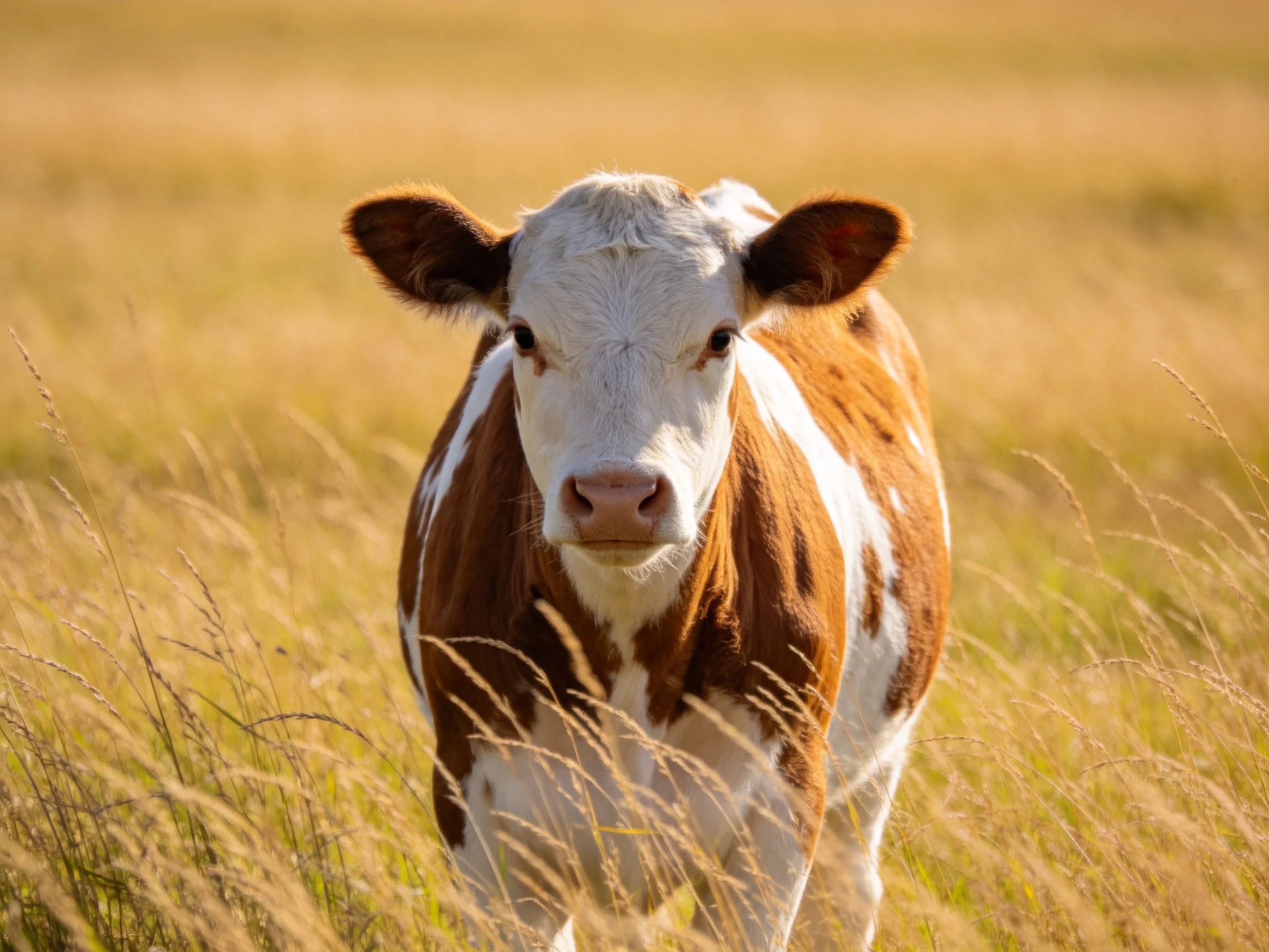A brown and white spotted calf stands in sunlit grassy fields.