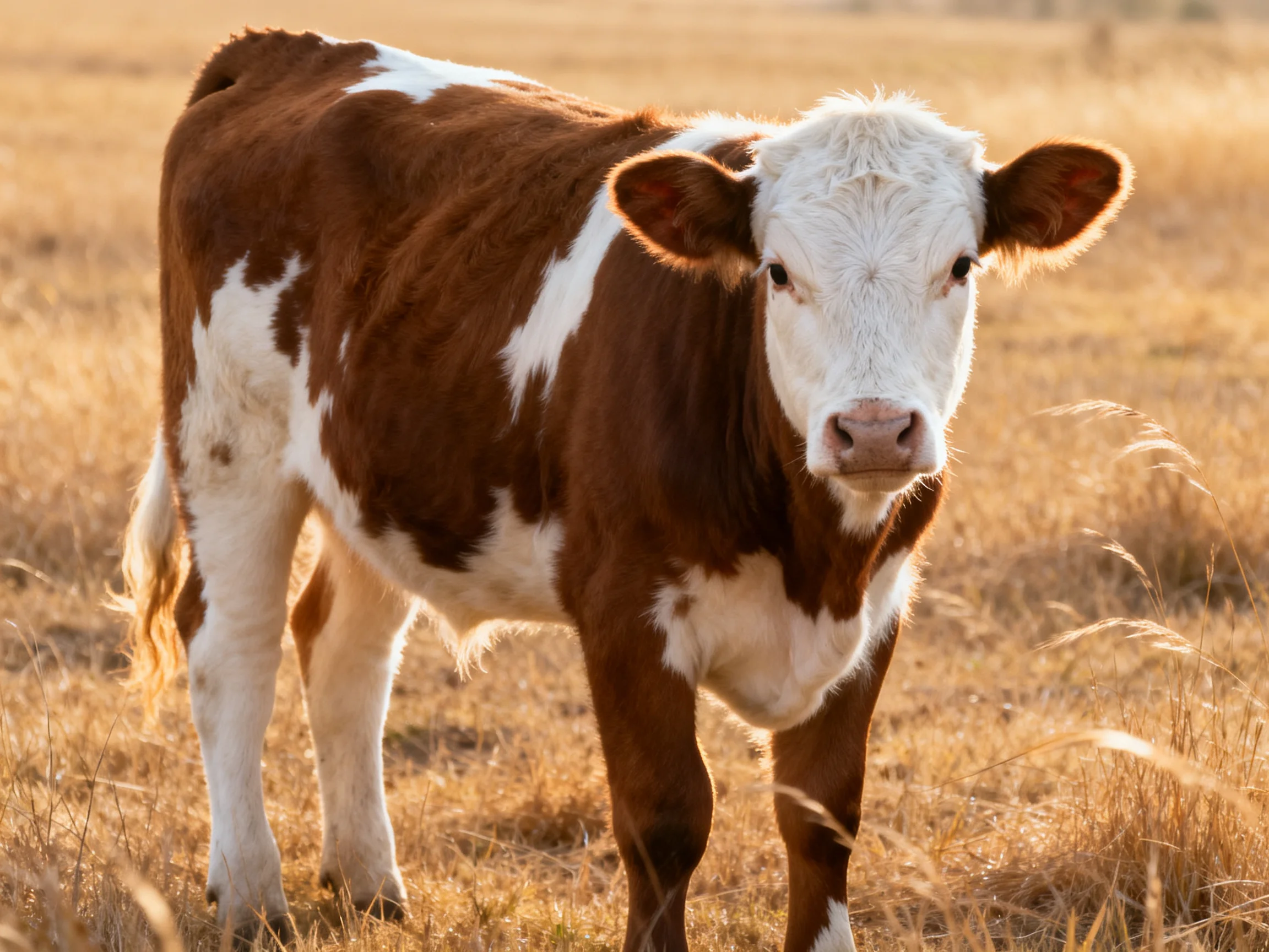 A brown and white spotted calf stands in golden grasslands