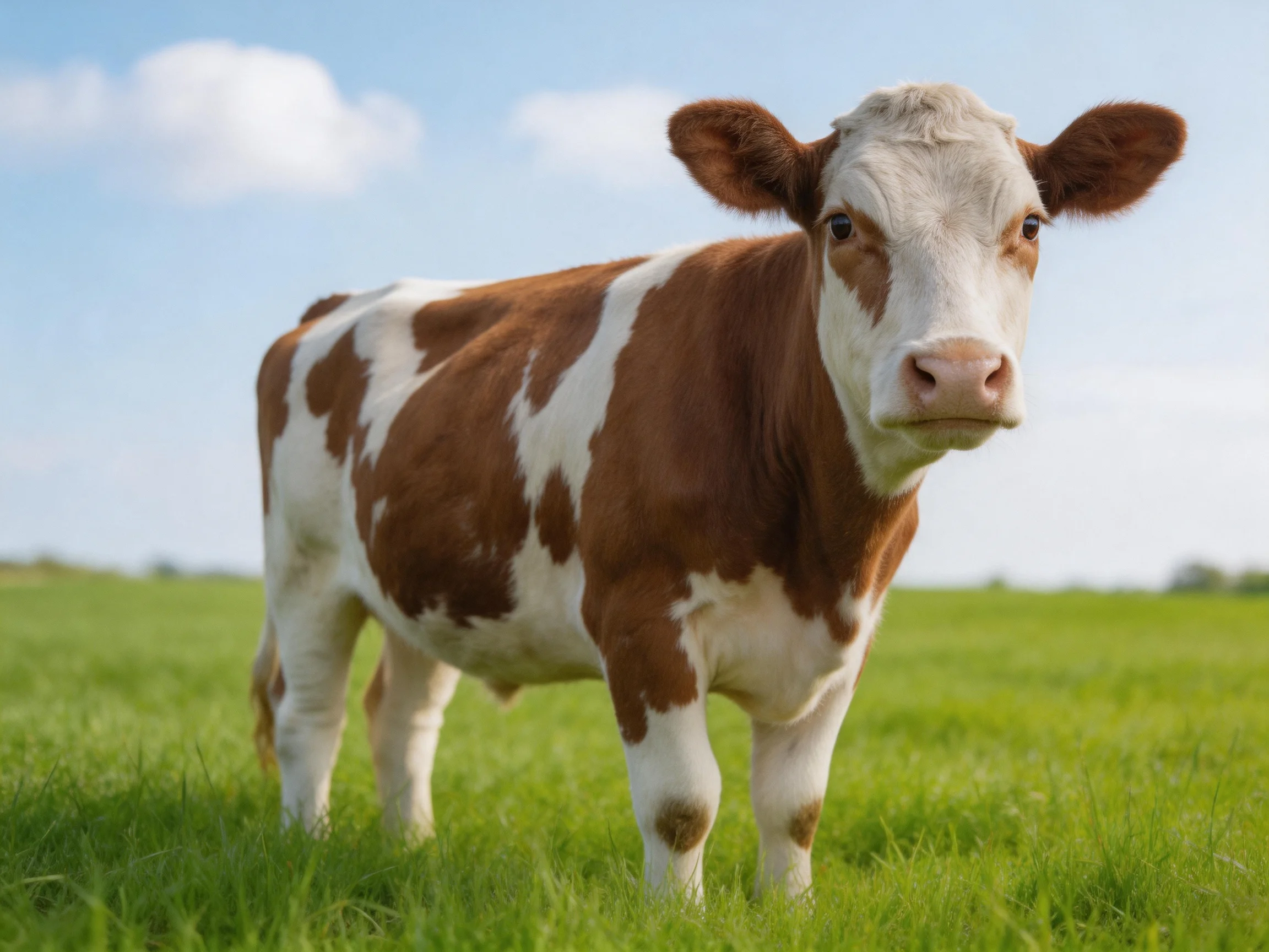 A brown and white spotted calf stands in lush green pasture under bright blue sky