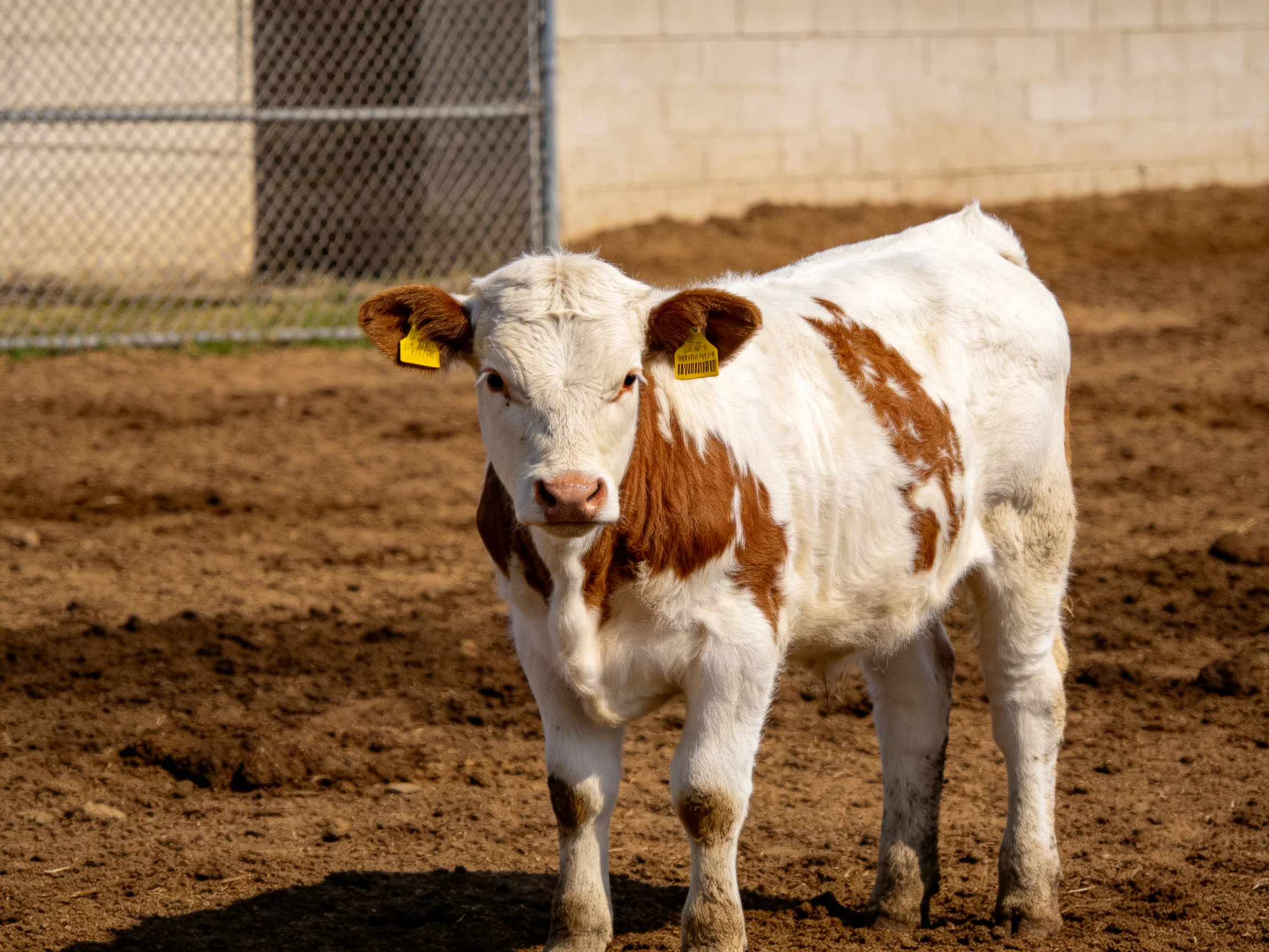 A brown and white spotted calf stands on dirt near a chain-link fence