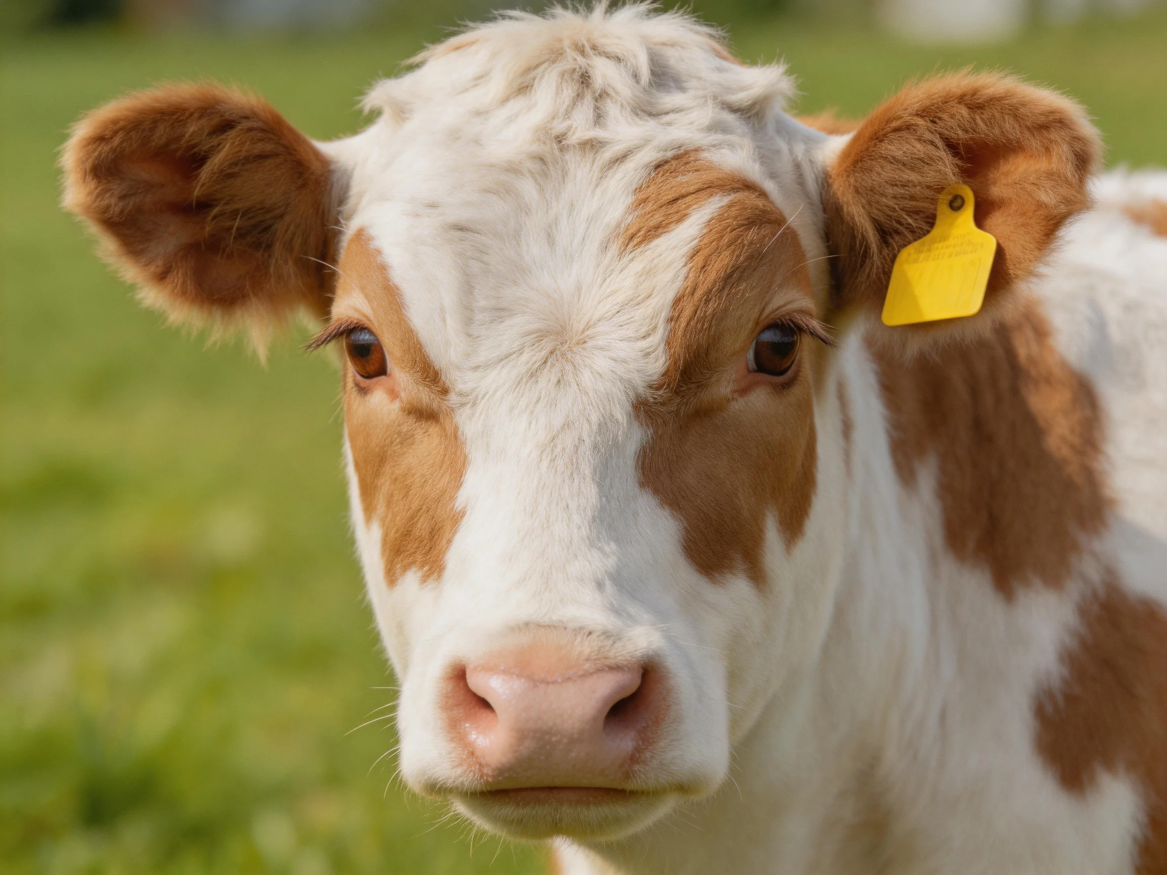 A brown and white spotted calf with a yellow ear tag in a green field