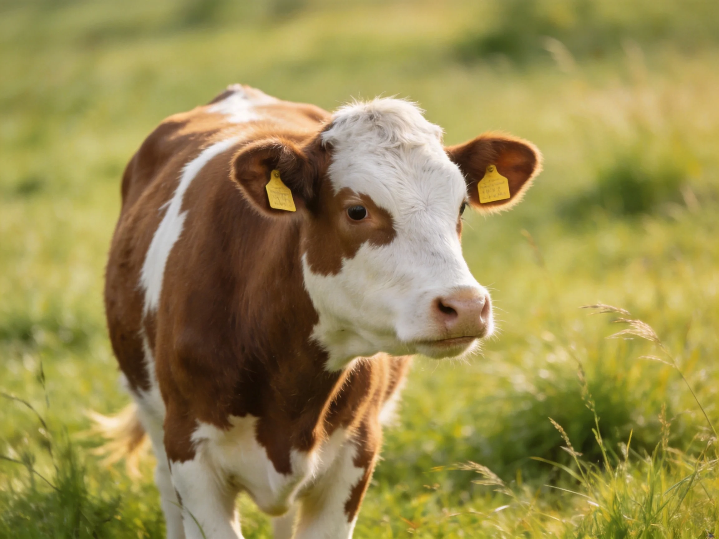 A brown and white spotted calf with yellow ear tags in a green pasture