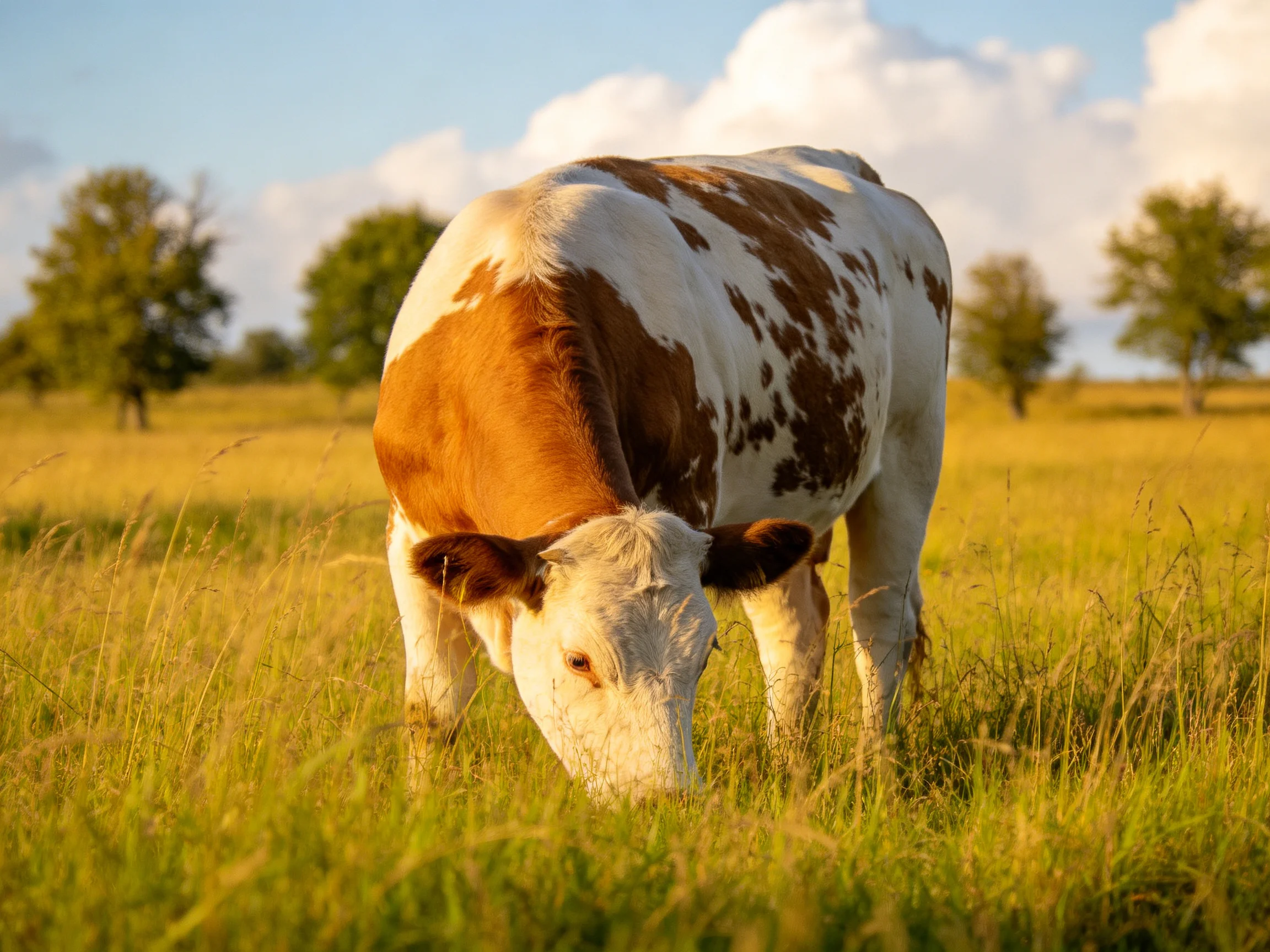 A brown and white cow grazes in a sunlit meadow.