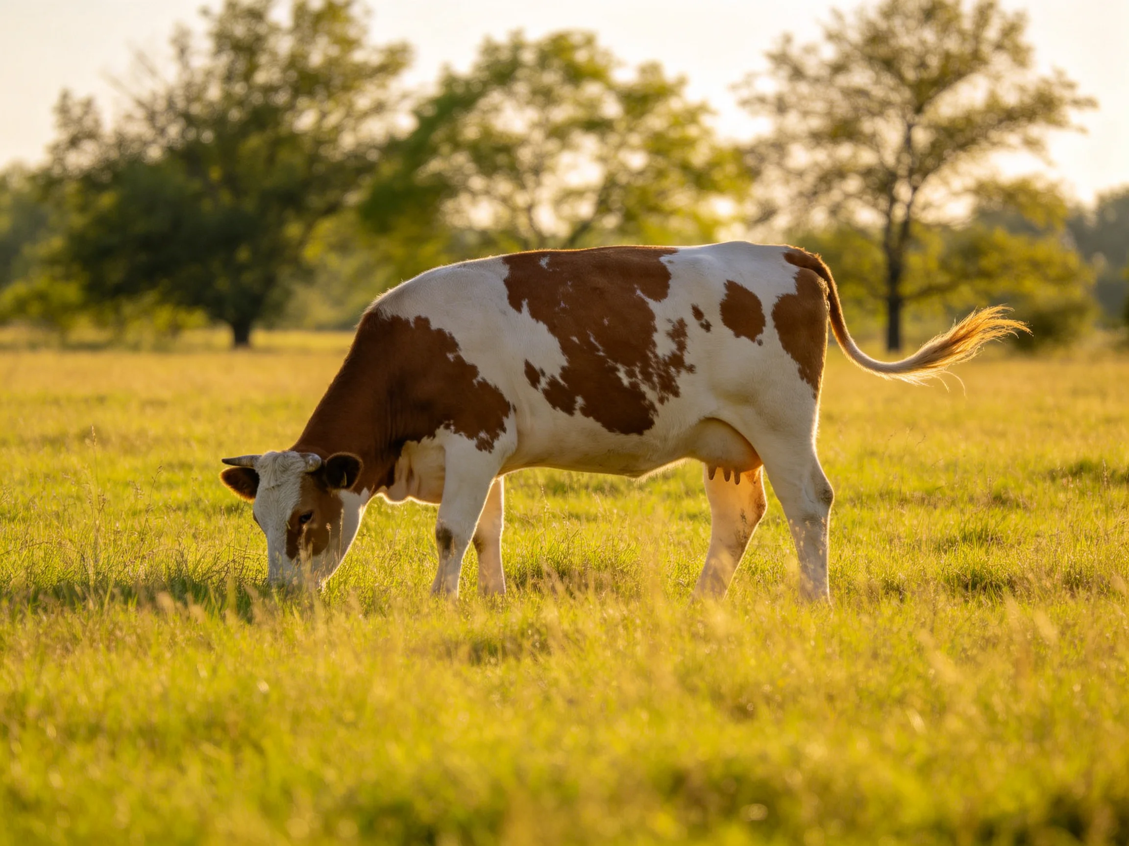 A brown and white cow grazes in a sunlit green pasture.