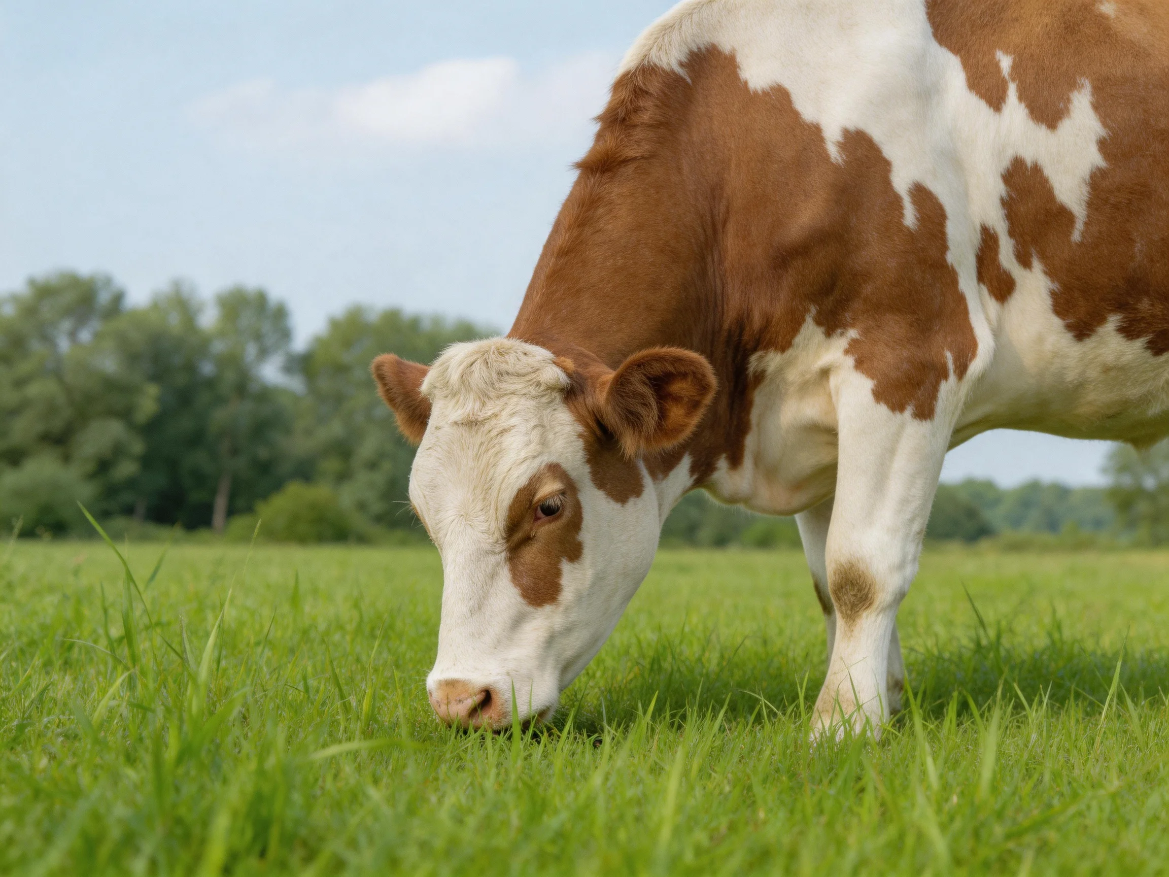 A brown and white spotted cow grazing in a lush green field