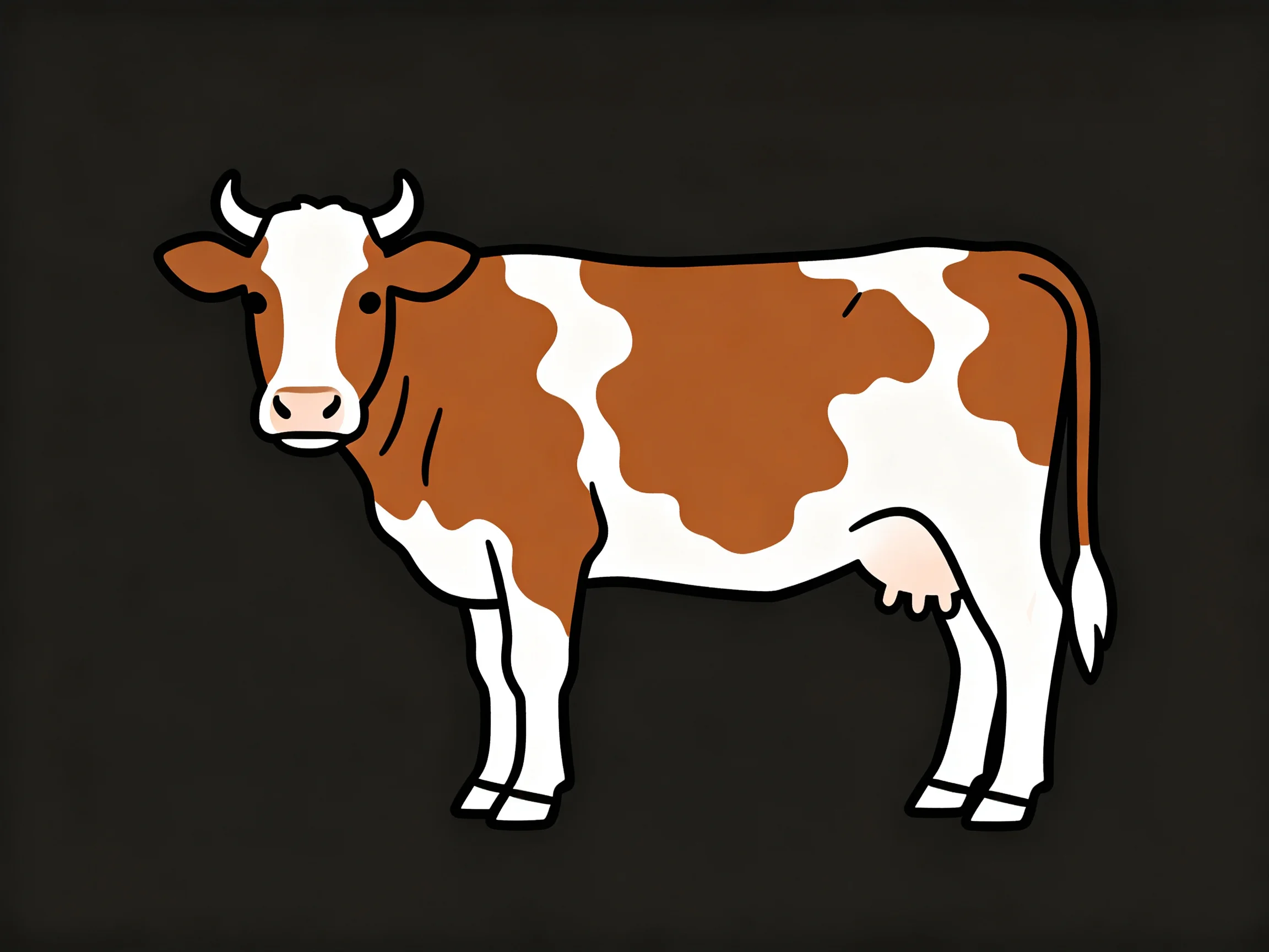 A brown and white spotted cow illustration on a black background