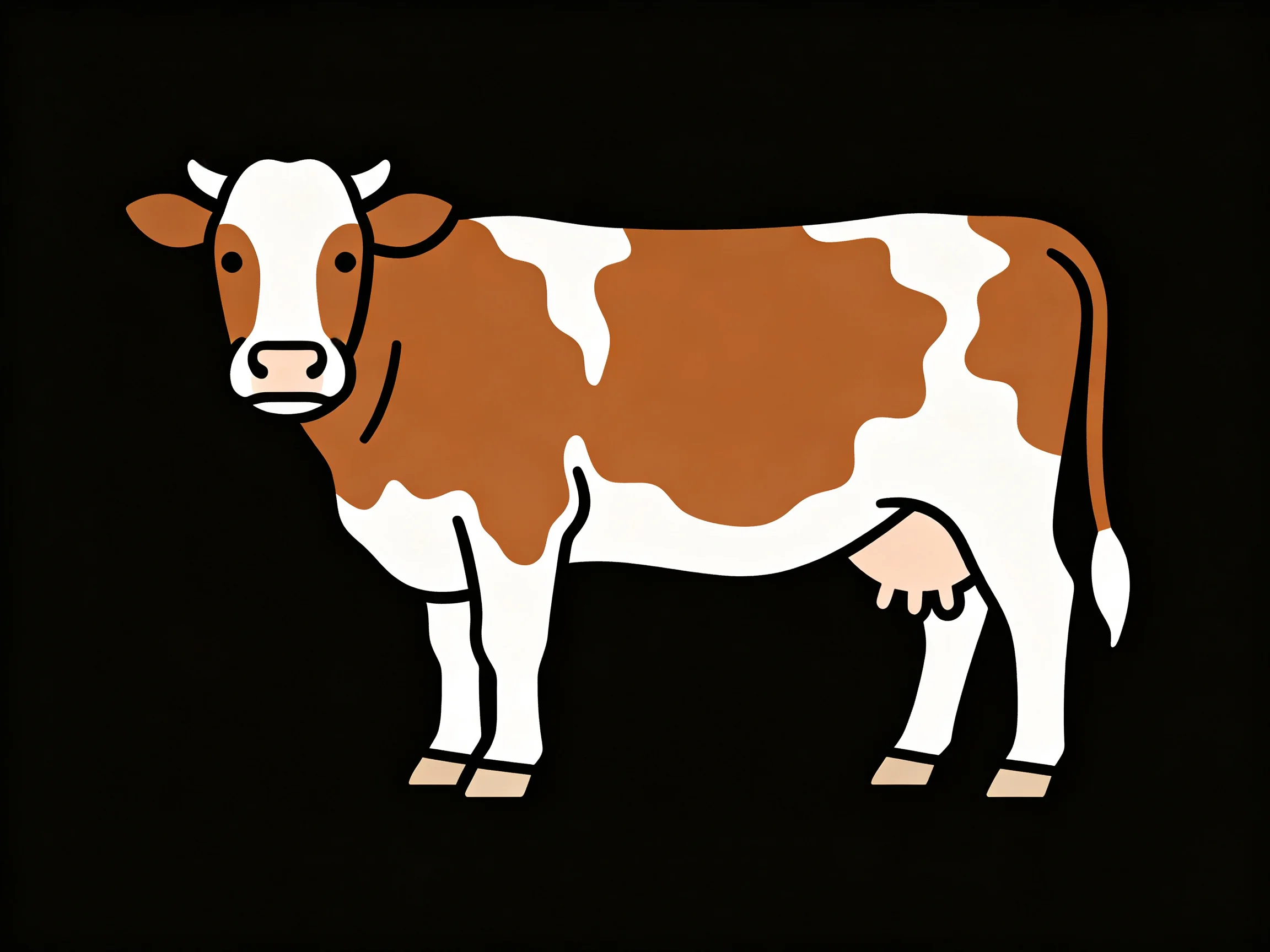 A brown and white spotted cow is illustrated against a black background.