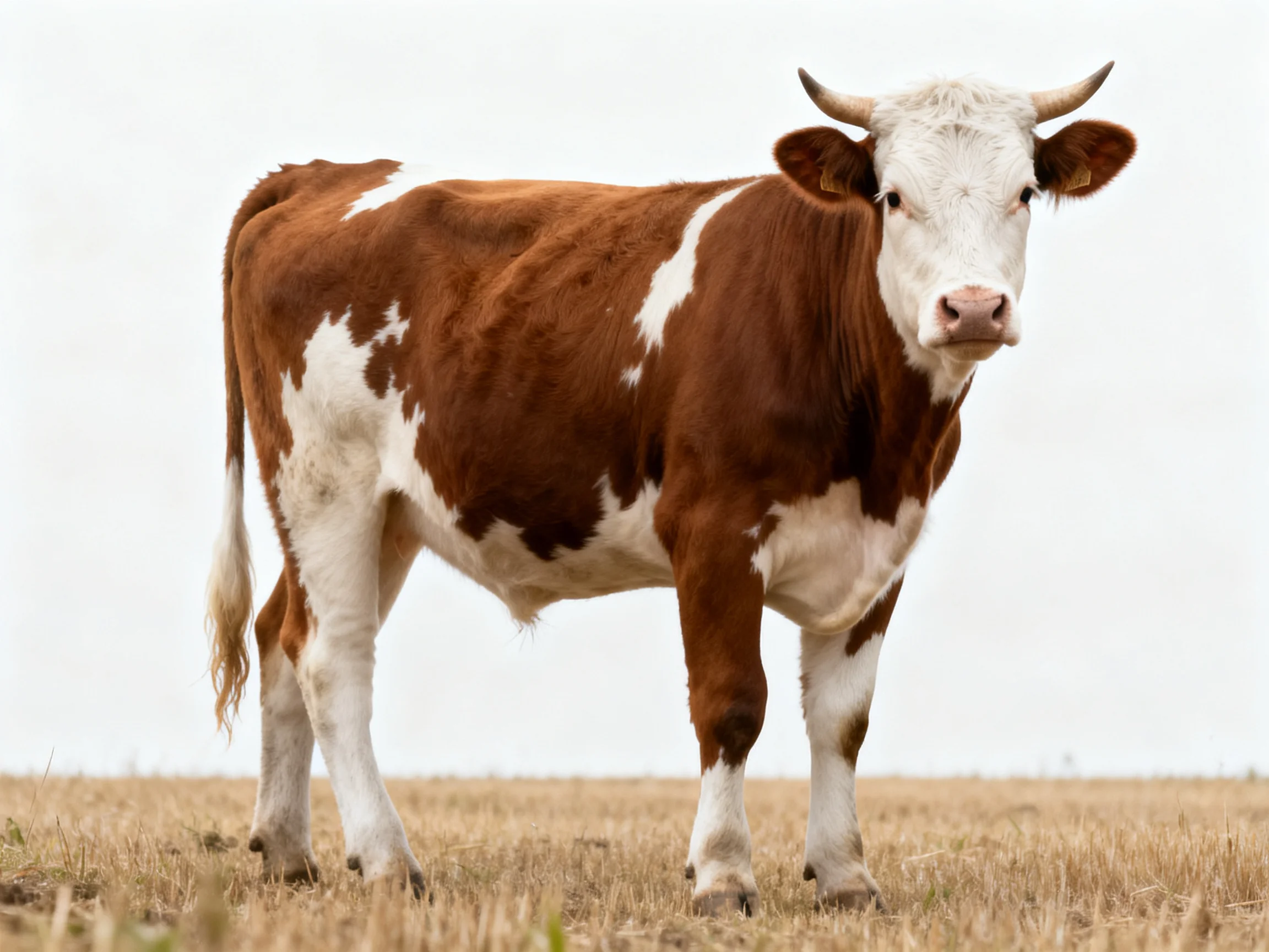 A brown and white spotted cow in a grassy field