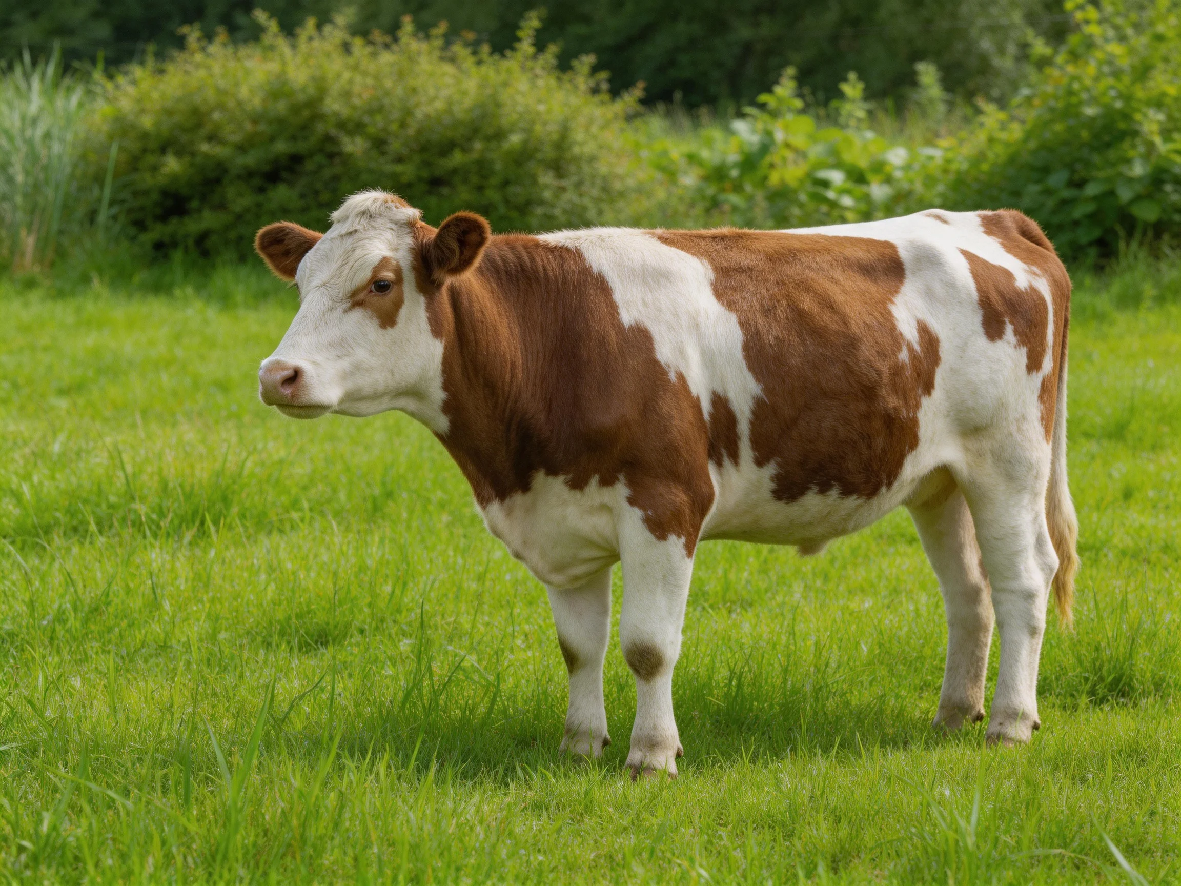A brown and white spotted cow in a lush green pasture