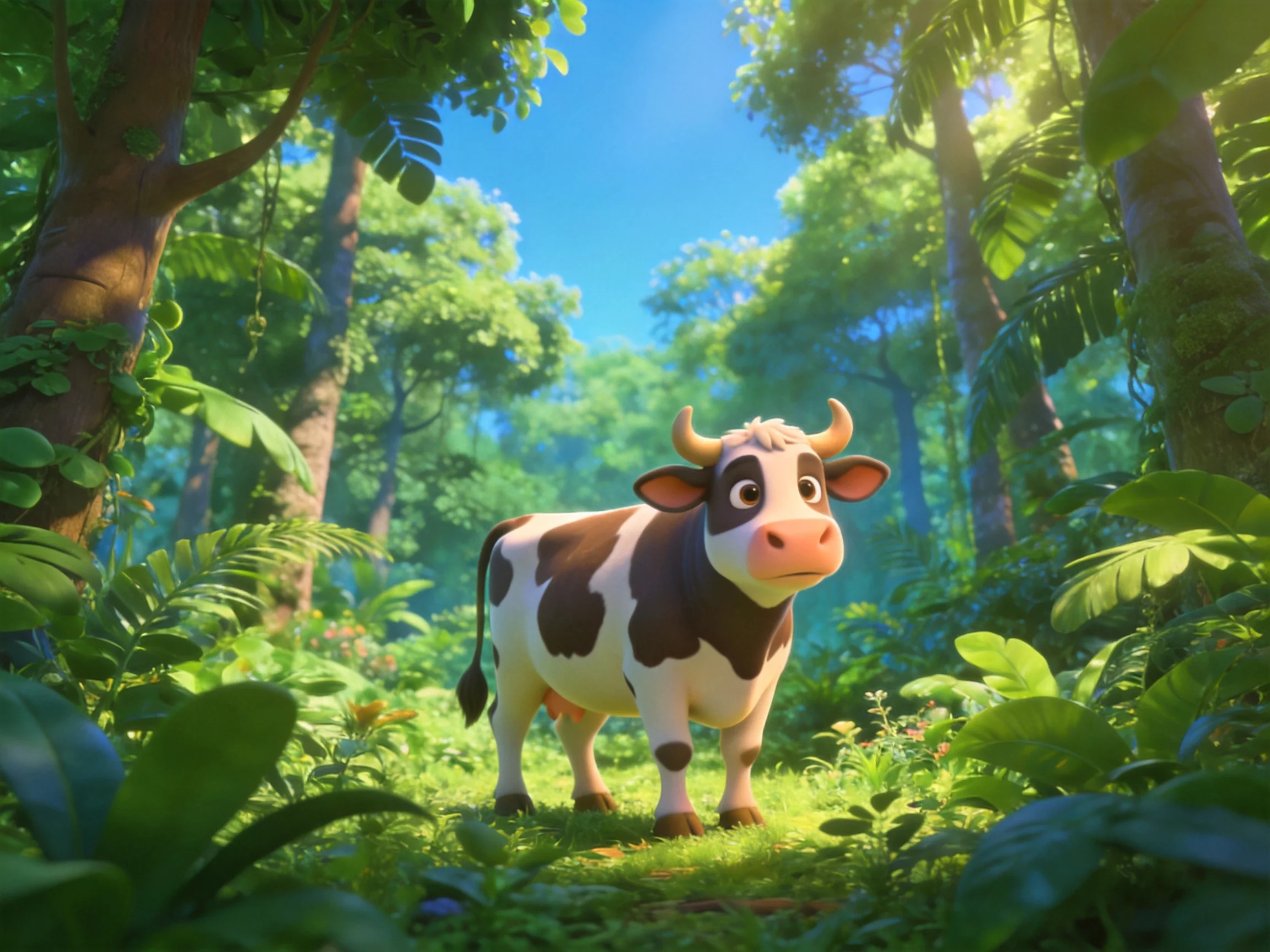 A brown-and-white spotted cow in a sun-dappled forest clearing
