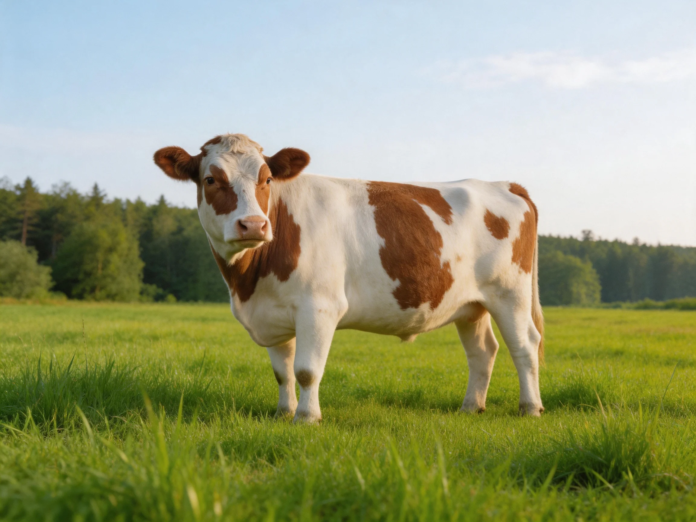 A brown-and-white spotted cow in a sunlit green pasture