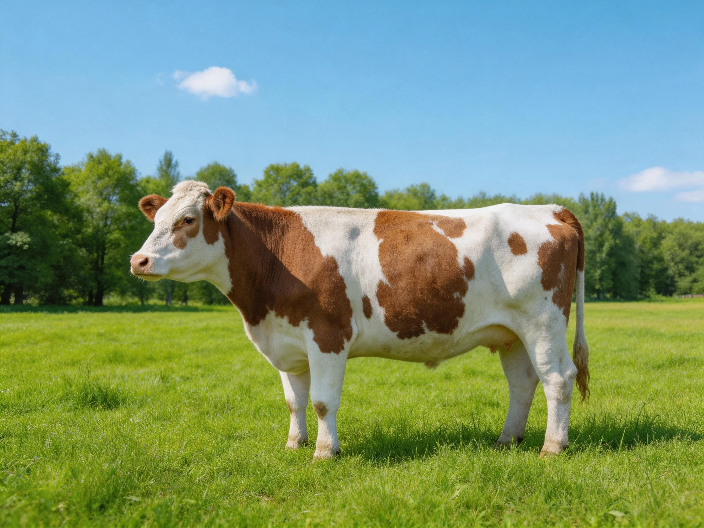 A brown and white cow stands in a sunlit green pasture near trees.