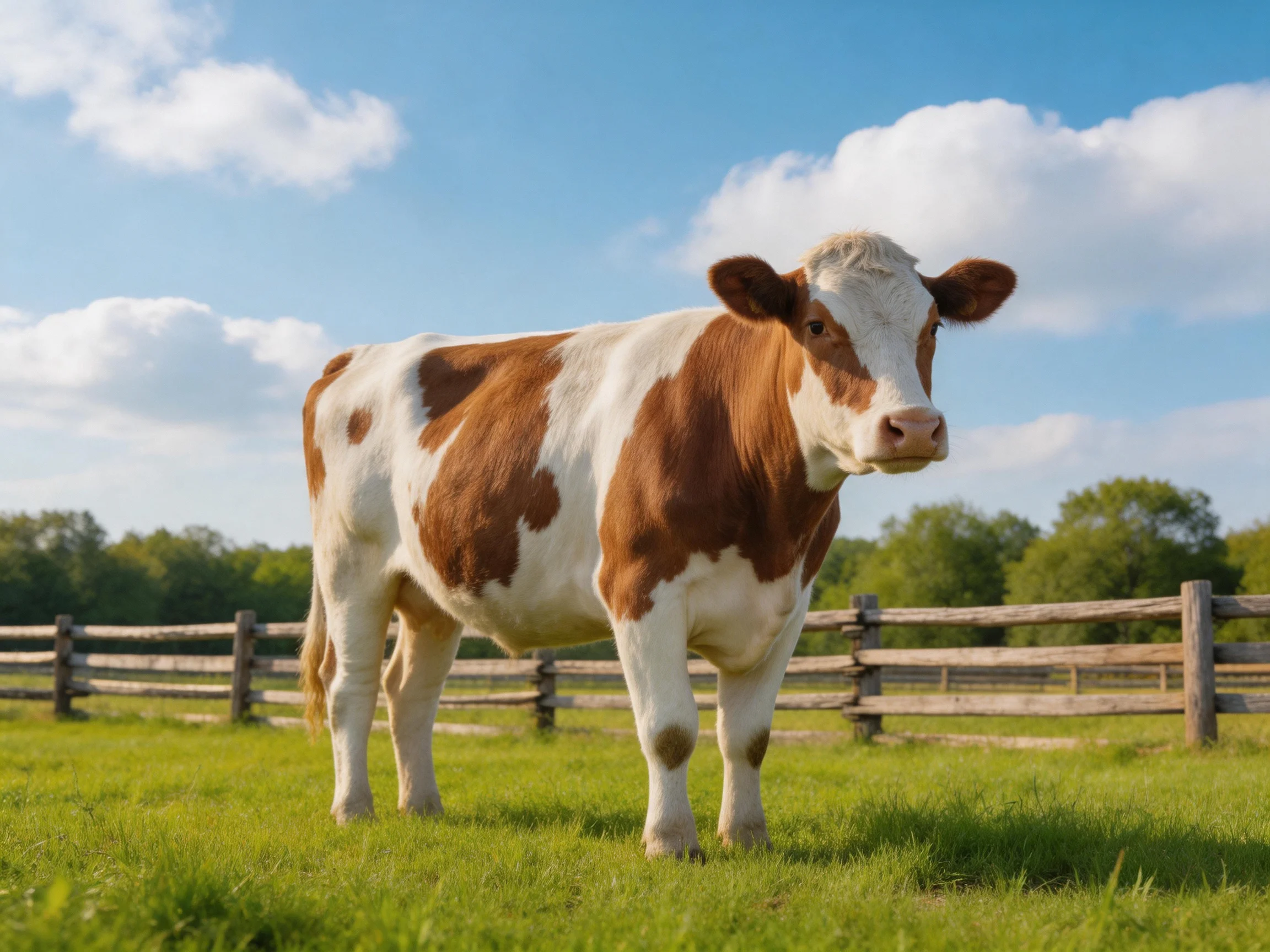 A brown and white spotted cow in a sunny fenced pasture