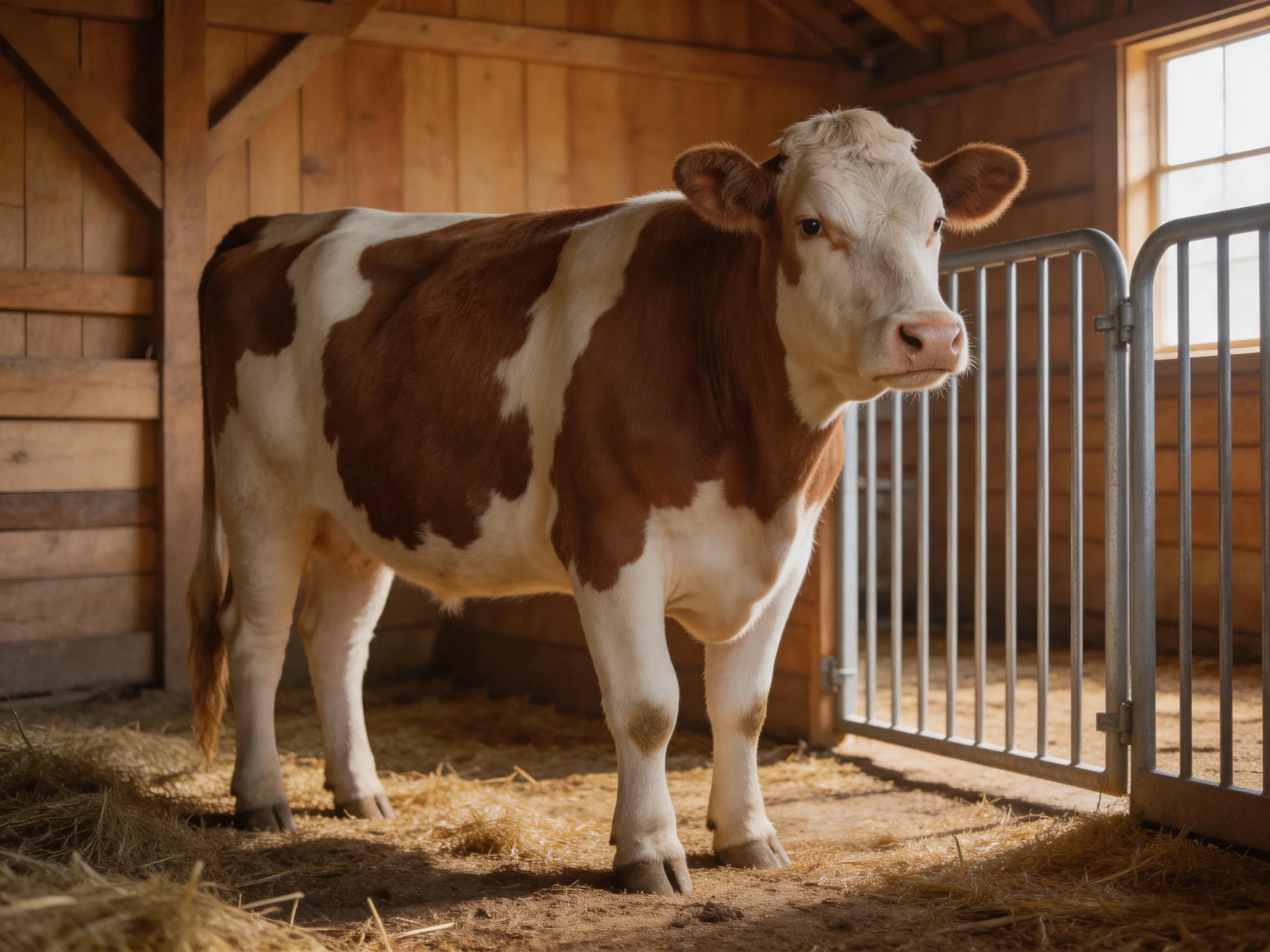 A brown and white cow stands inside a wooden barn stall.