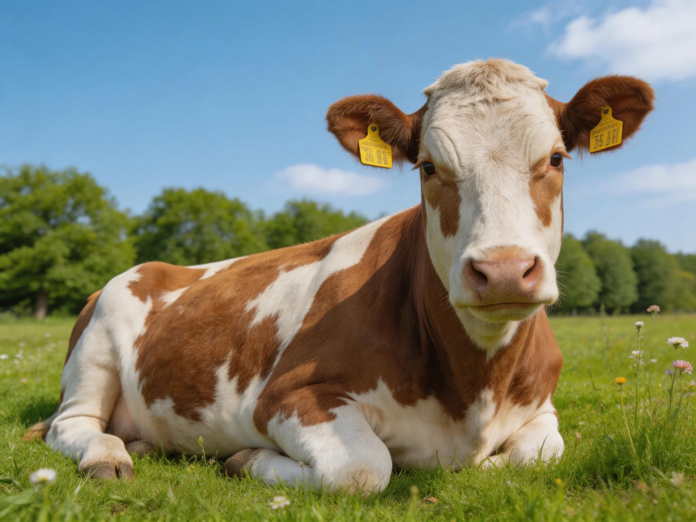 A brown and white spotted cow resting in a sunny pasture