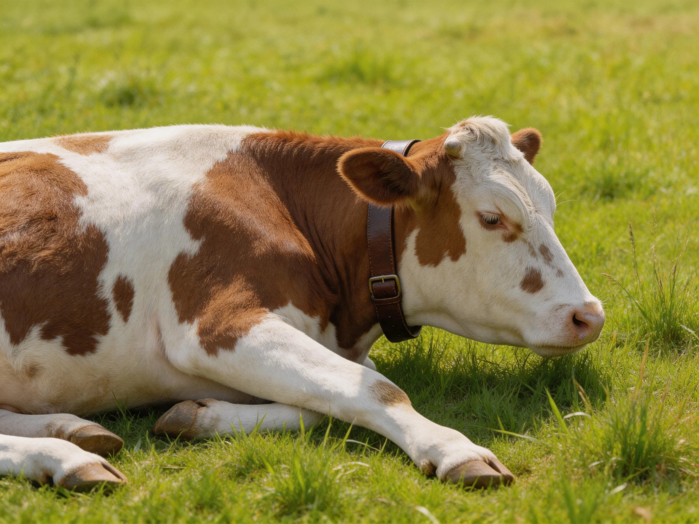 A brown and white spotted cow rests in a sunlit grassy meadow