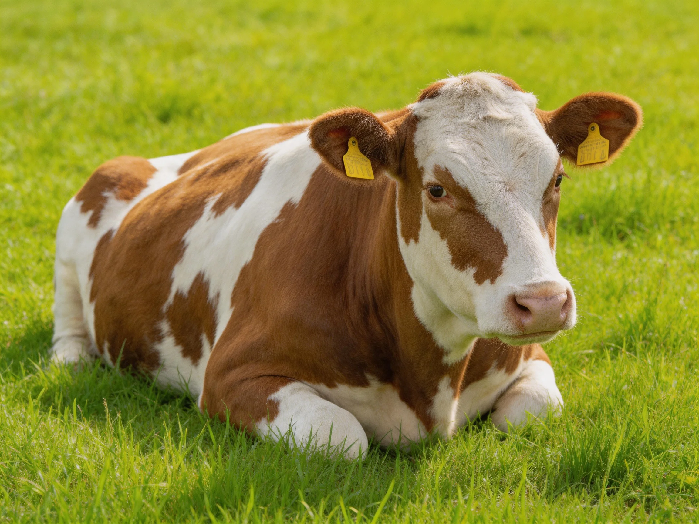 A brown and white spotted cow rests on lush green grass