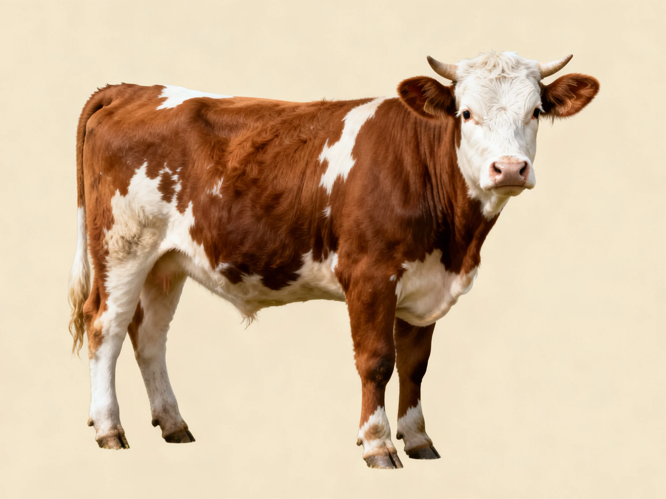 A brown and white spotted cow stands on a plain beige background.