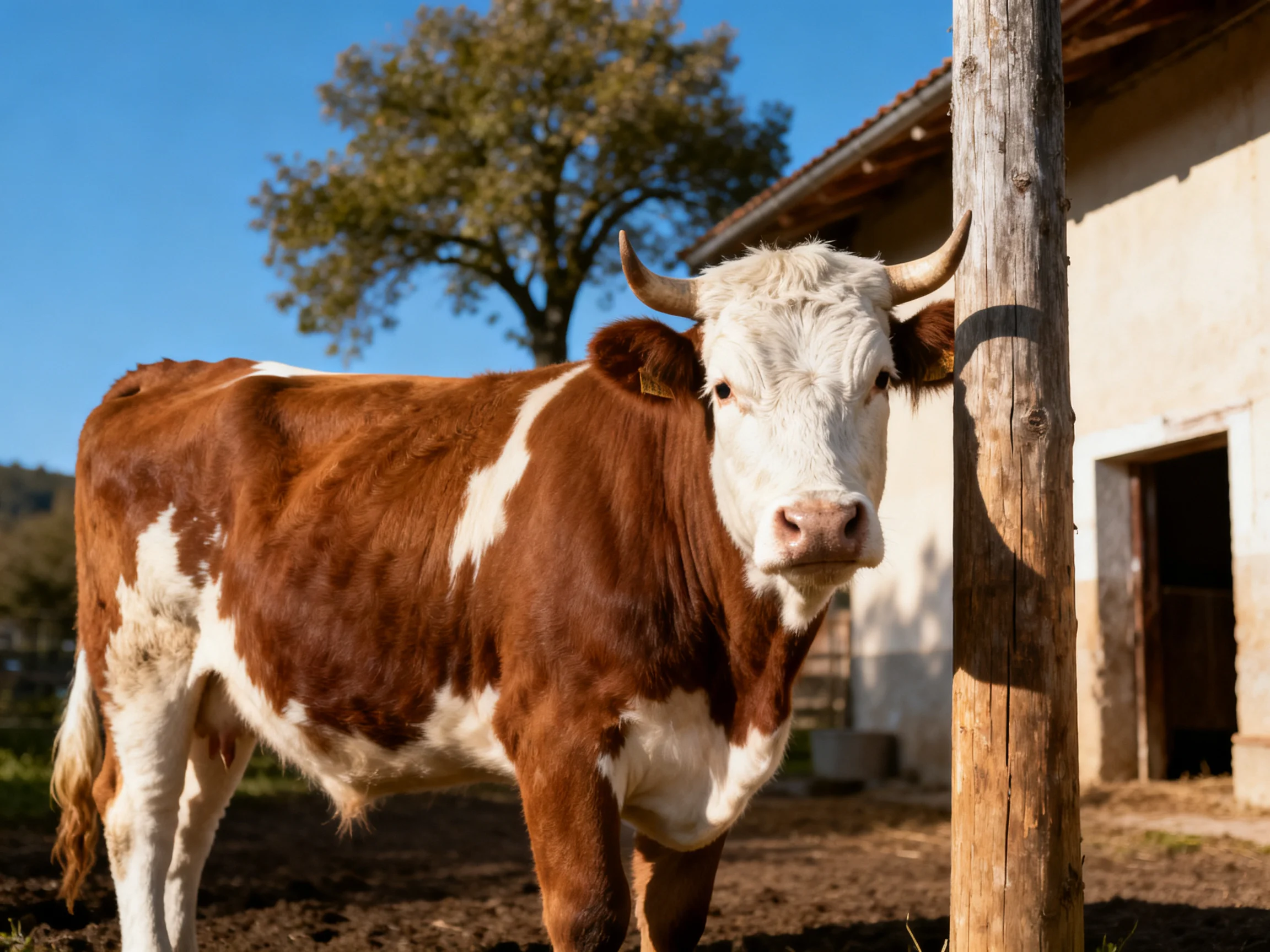 A brown and white spotted cow stands by a weathered wooden post near a barn