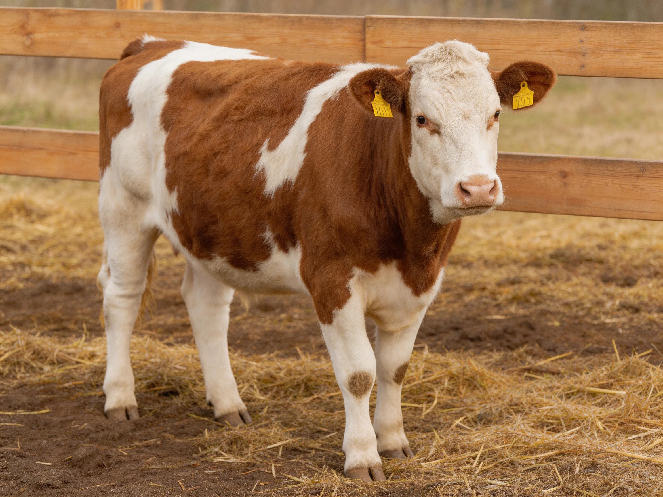 A brown and white spotted cow stands by a wooden fence on straw-covered ground