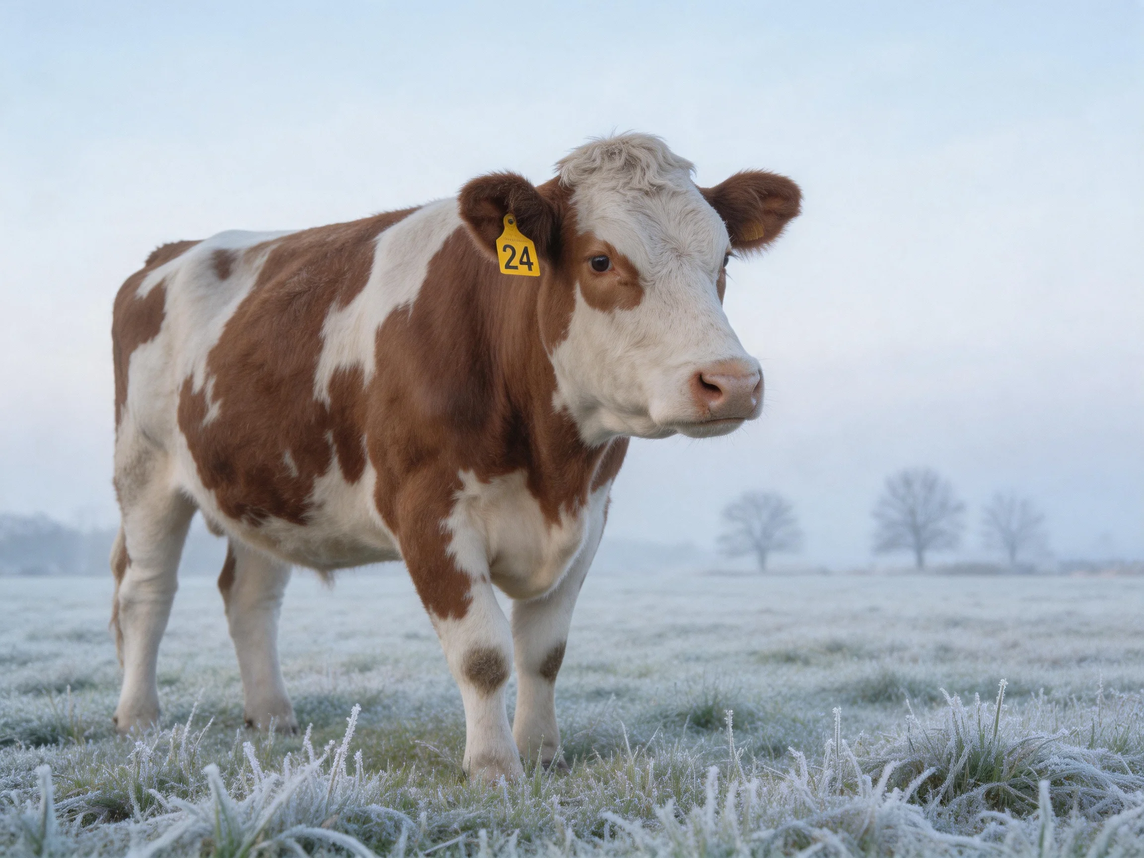 A brown and white spotted cow stands in a frost-covered pasture