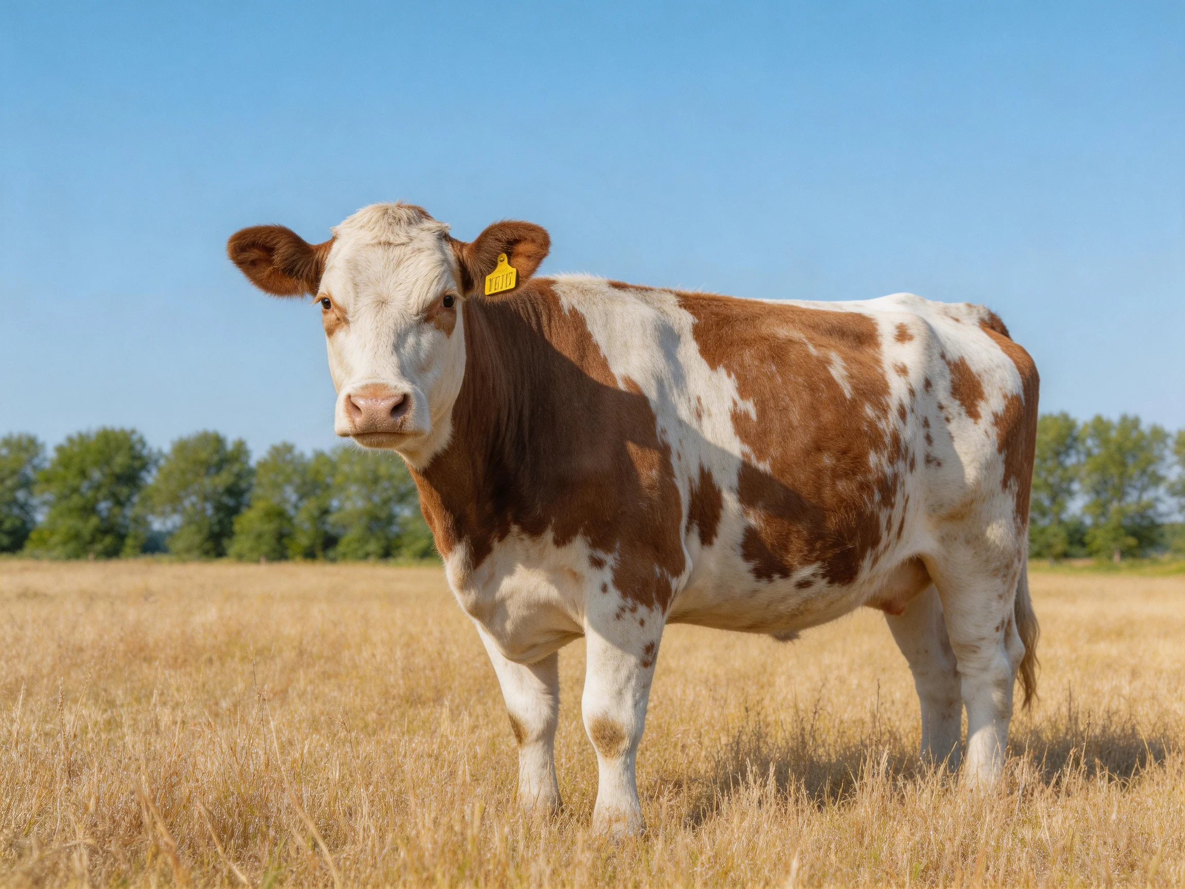 A brown and white spotted cow stands in a golden field