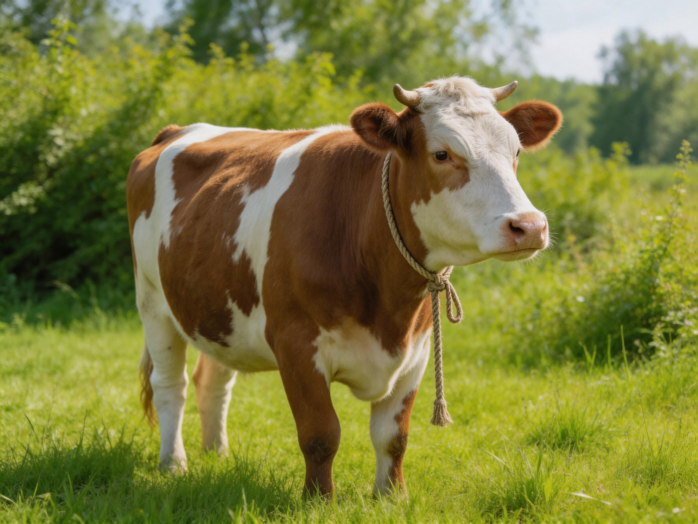A brown and white spotted cow stands in a lush green meadow