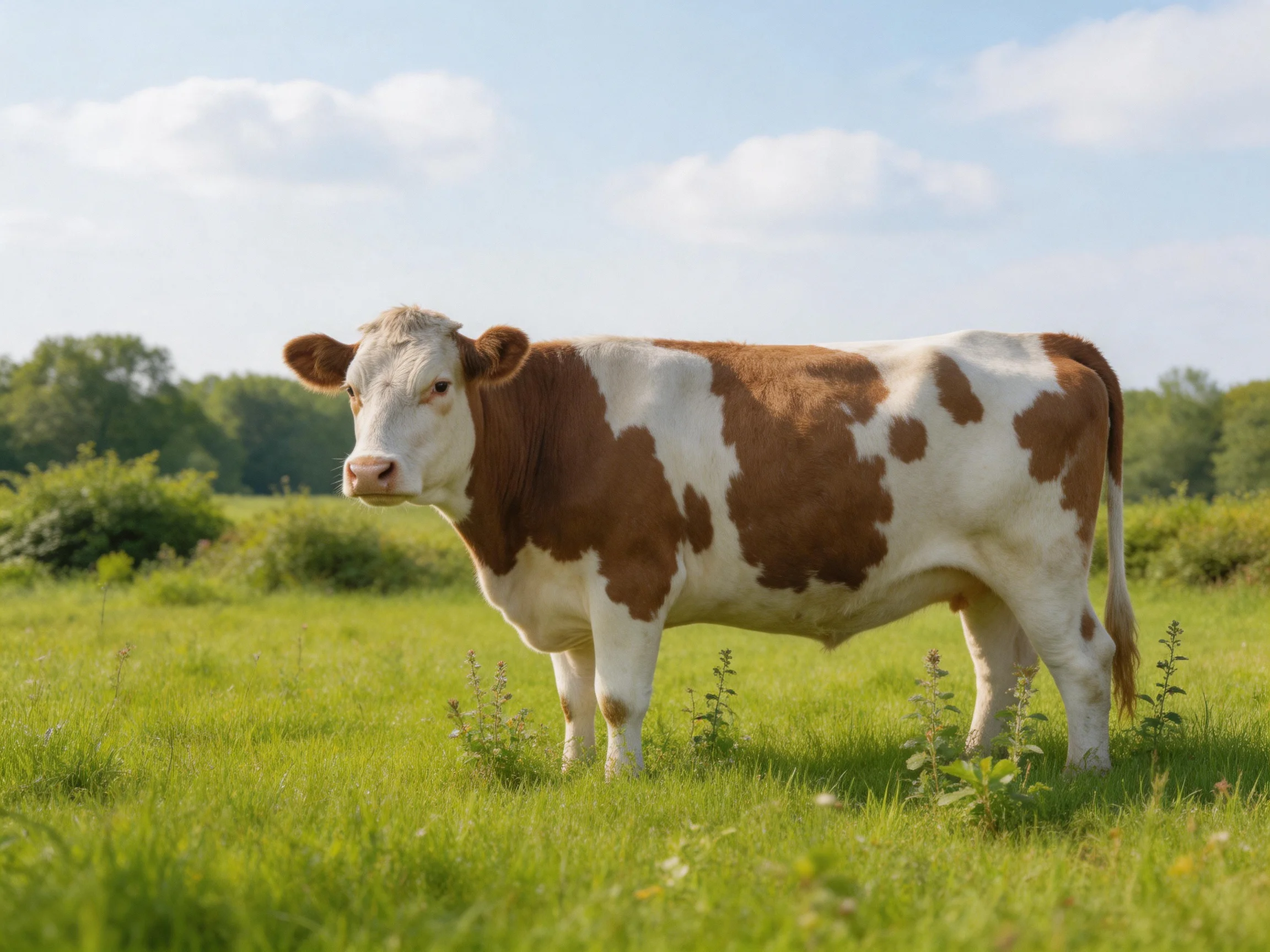 A brown and white spotted cow stands in a lush green meadow