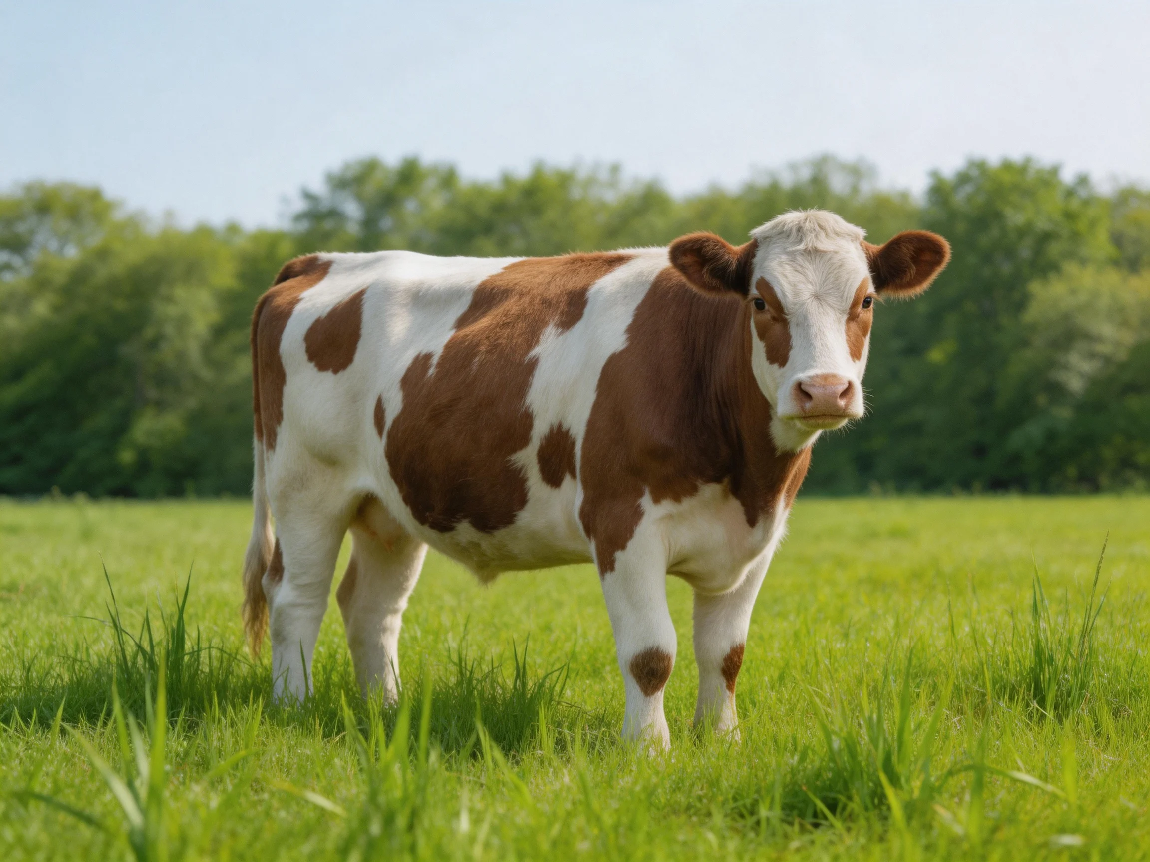 A brown and white spotted cow stands in a sunlit green meadow.