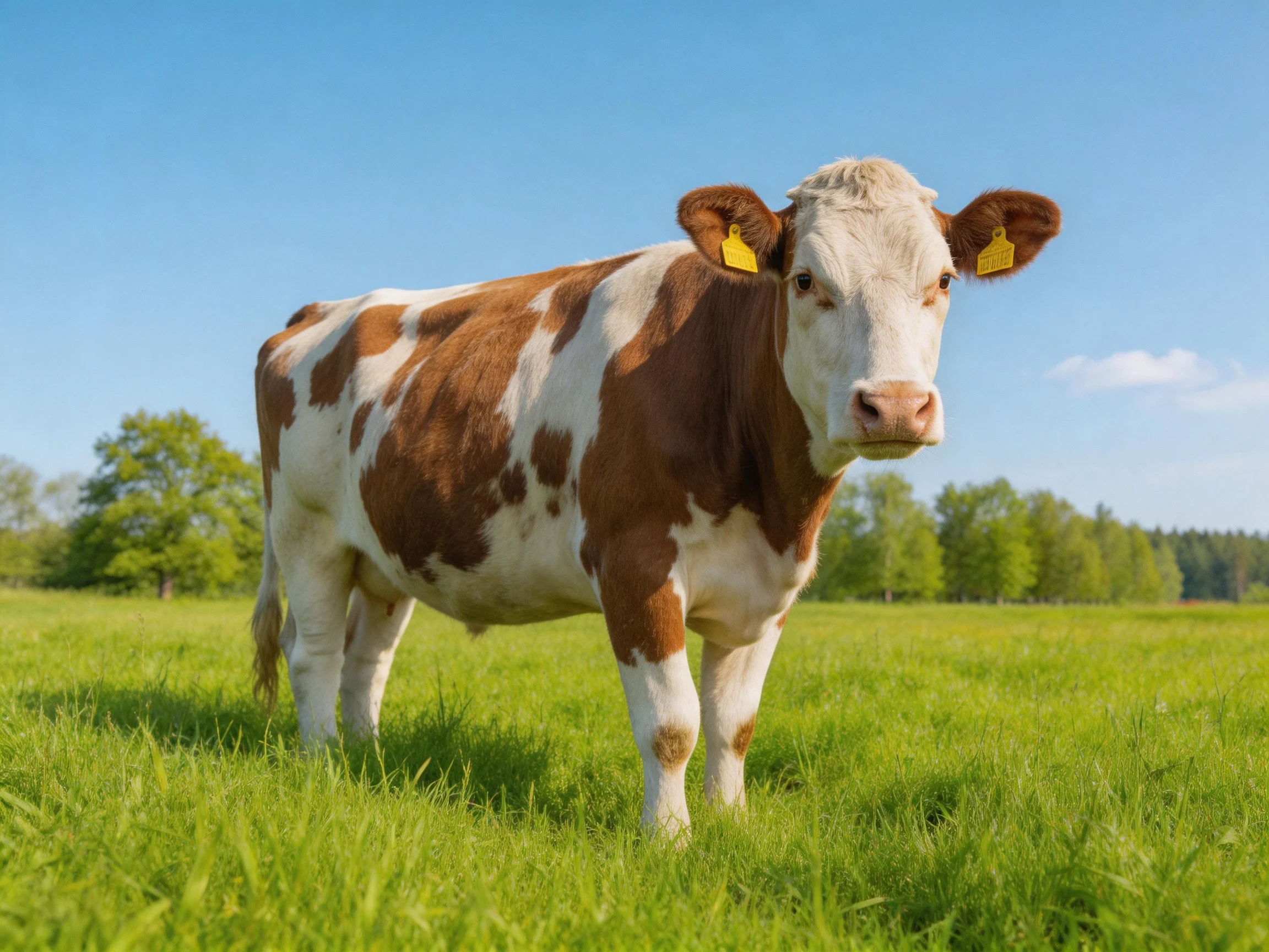 A brown and white spotted cow stands in a lush green meadow