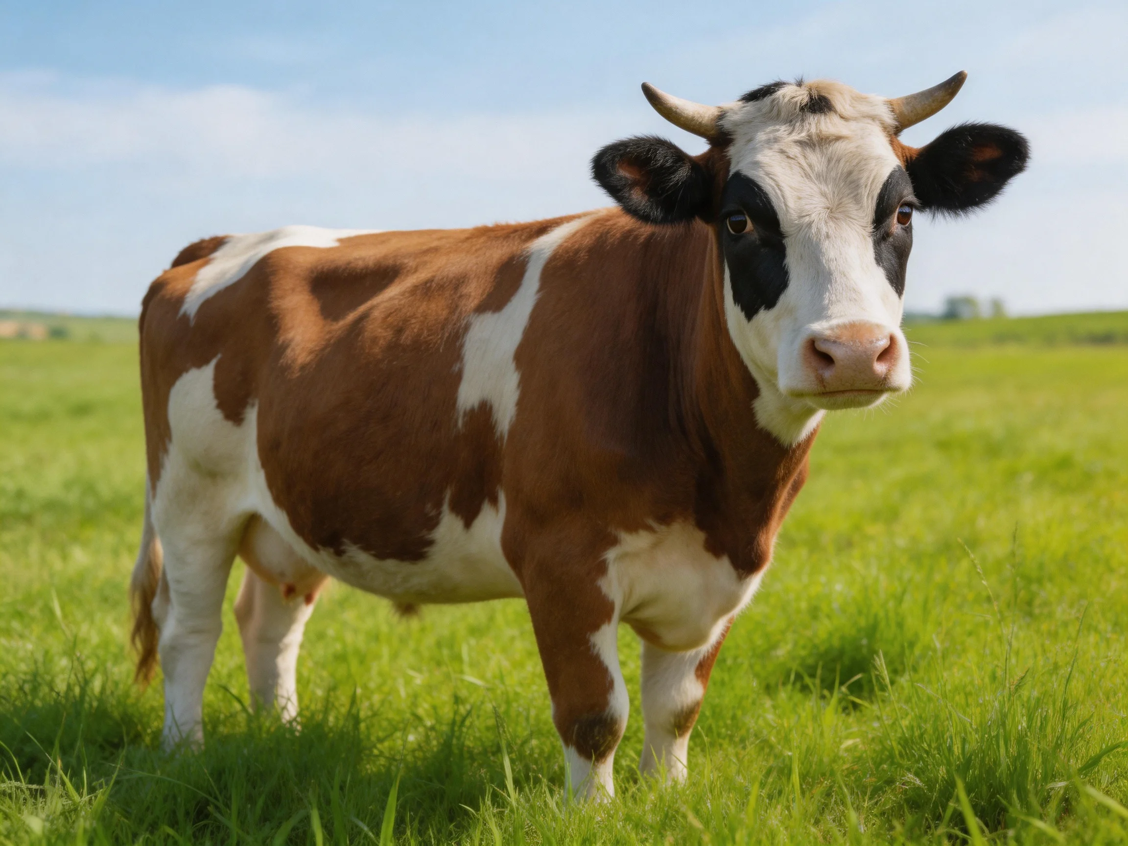 A brown and white spotted cow stands in a lush green pasture