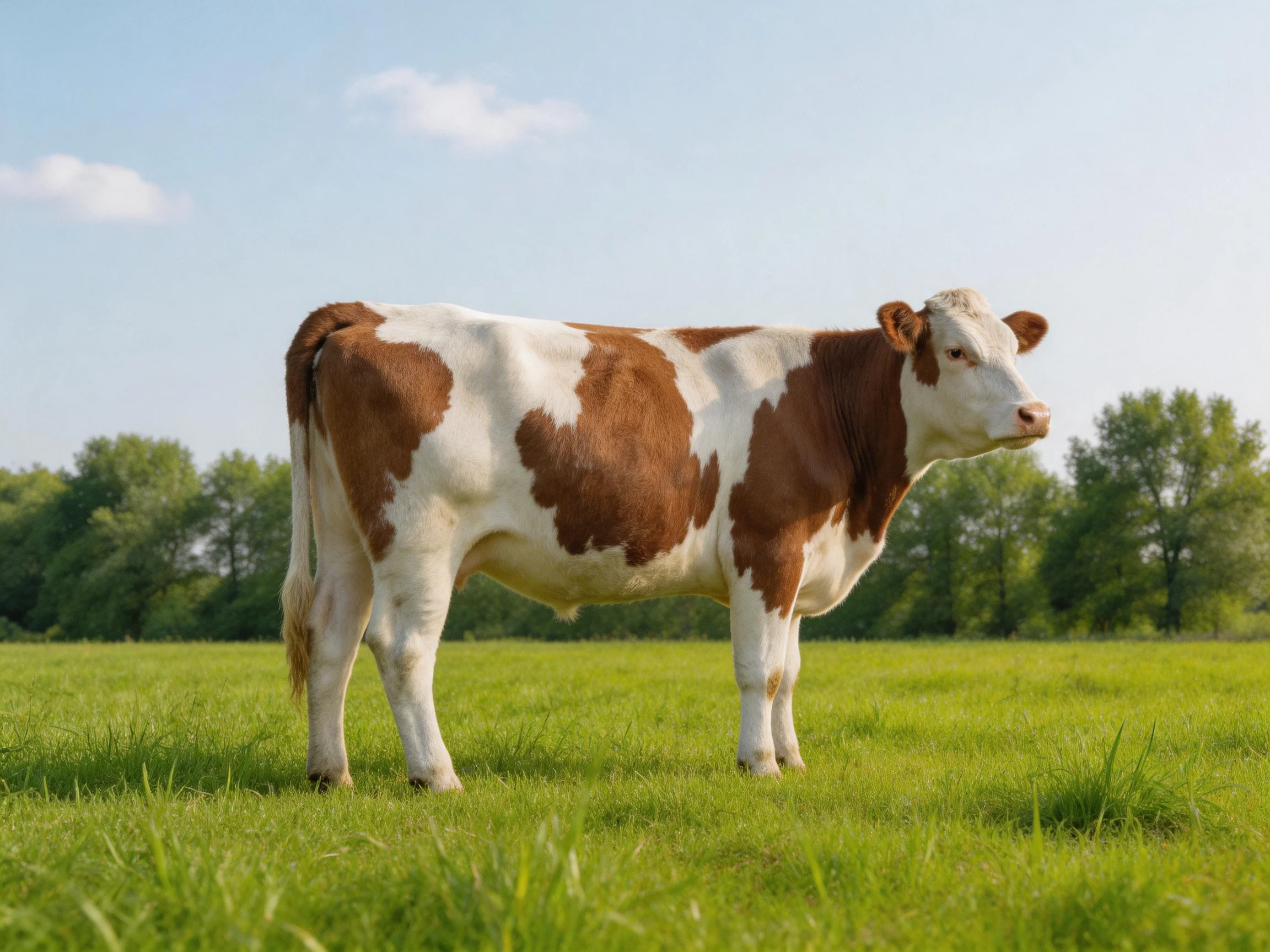 A brown and white spotted cow stands in a lush green pasture