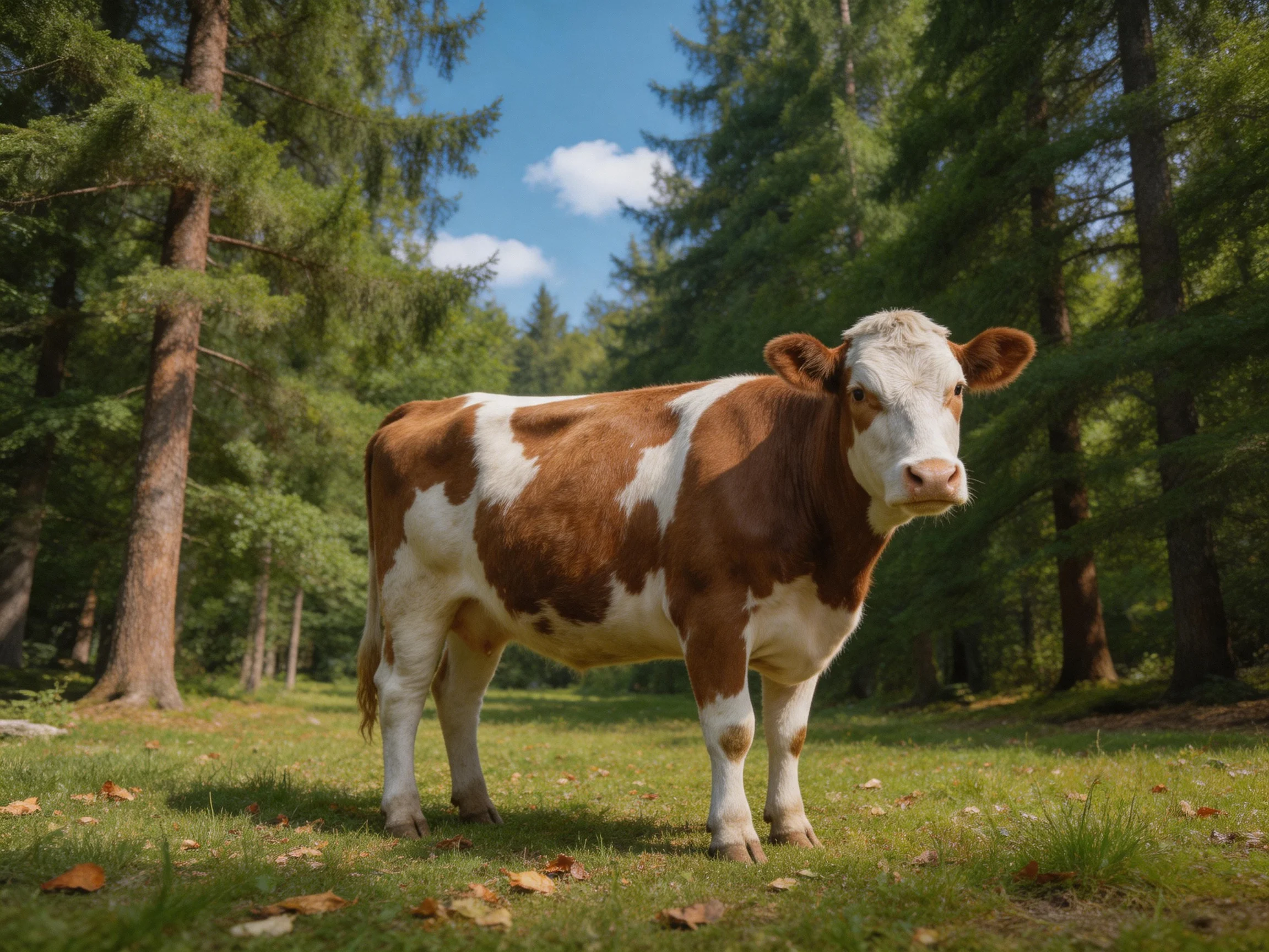 A brown and white cow stands in a sunlit forest clearing surrounded by trees