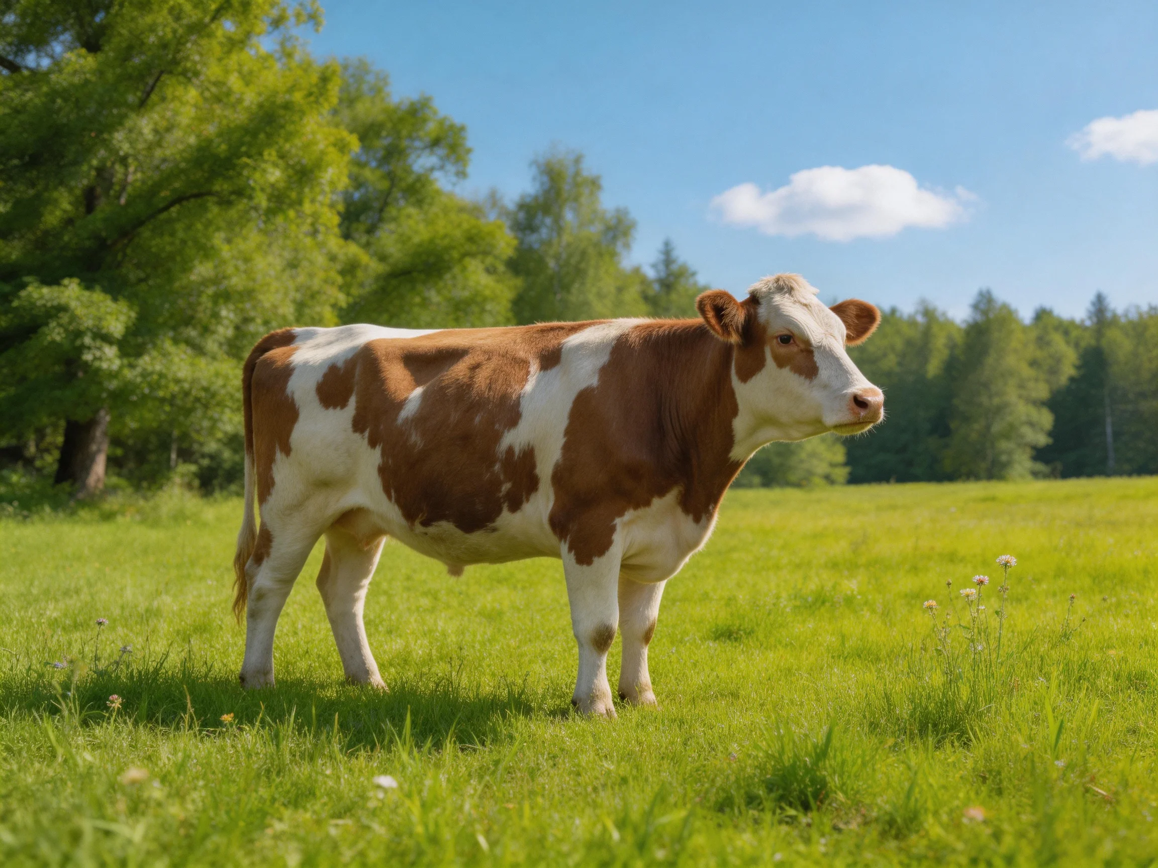 A brown and white cow stands in a sunlit green field near trees.
