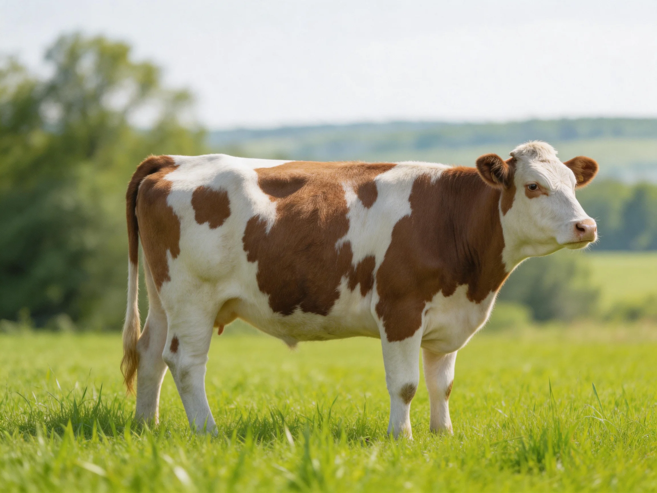 A brown and white spotted cow stands in a sunlit green pasture