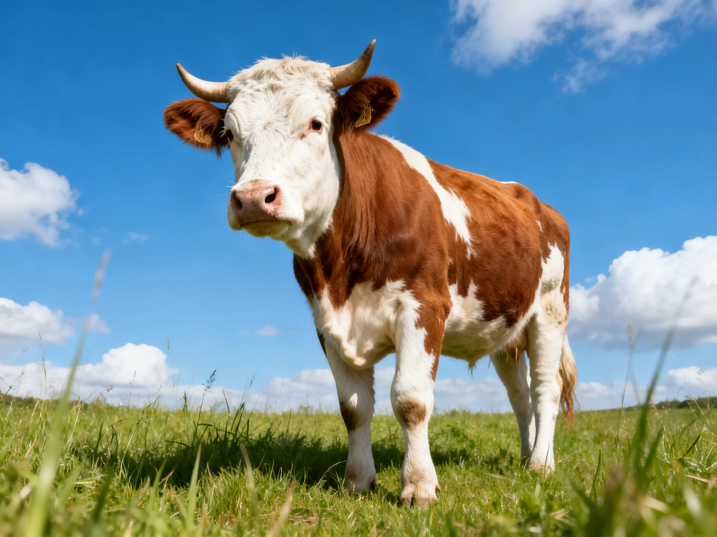 A brown and white spotted cow stands in a sunny grassy meadow