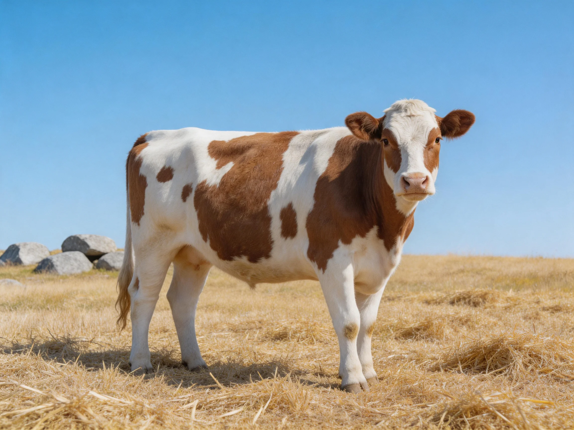 A brown and white spotted cow stands in a sunlit open field.