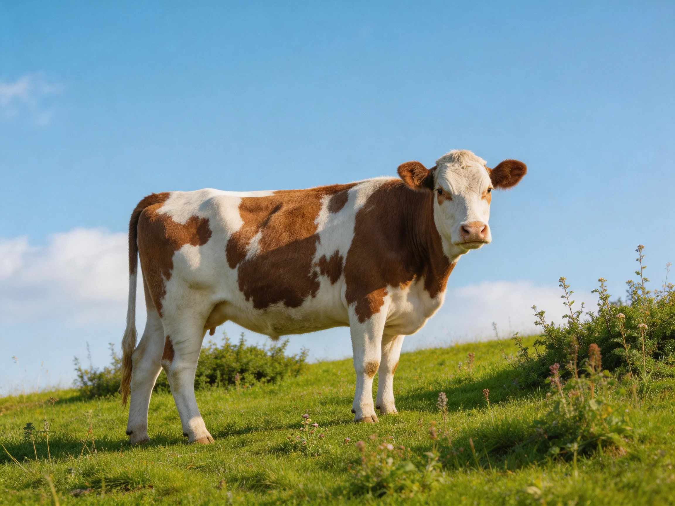 A brown and white spotted cow stands on a lush green hillside
