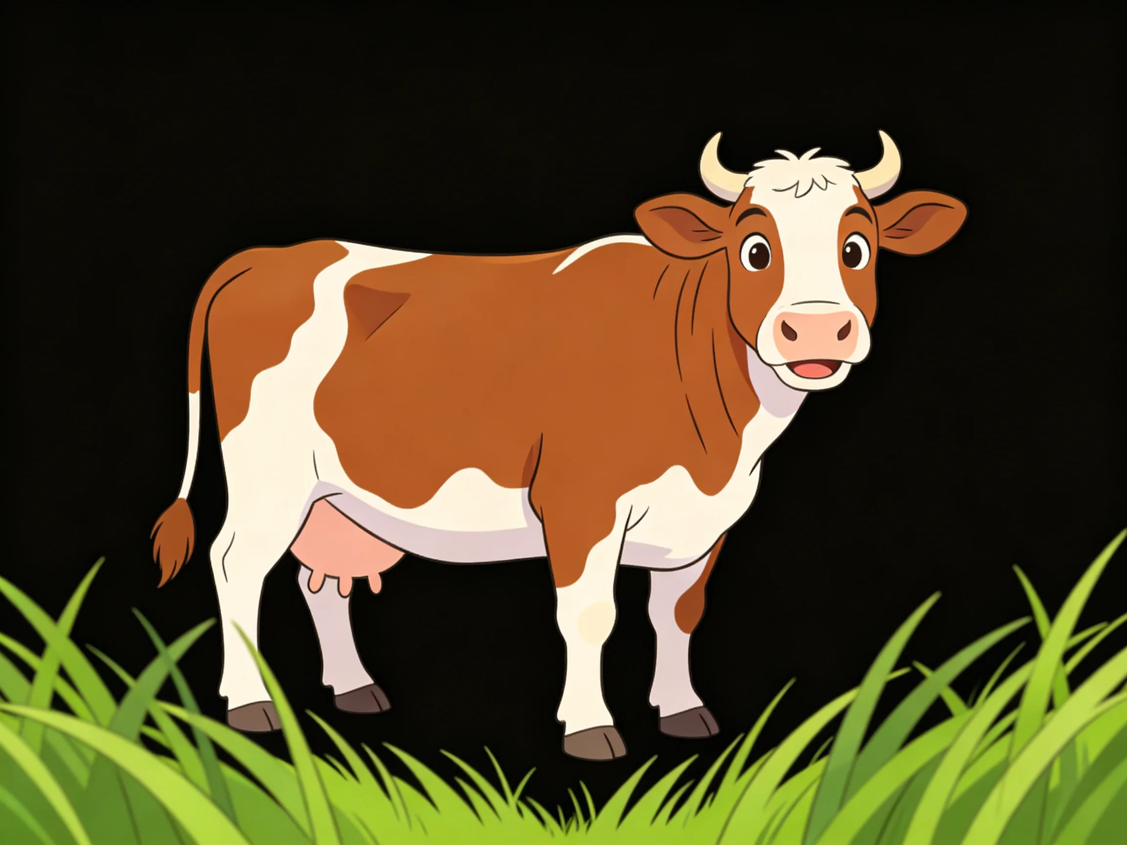 A brown and white spotted cow stands on green grass