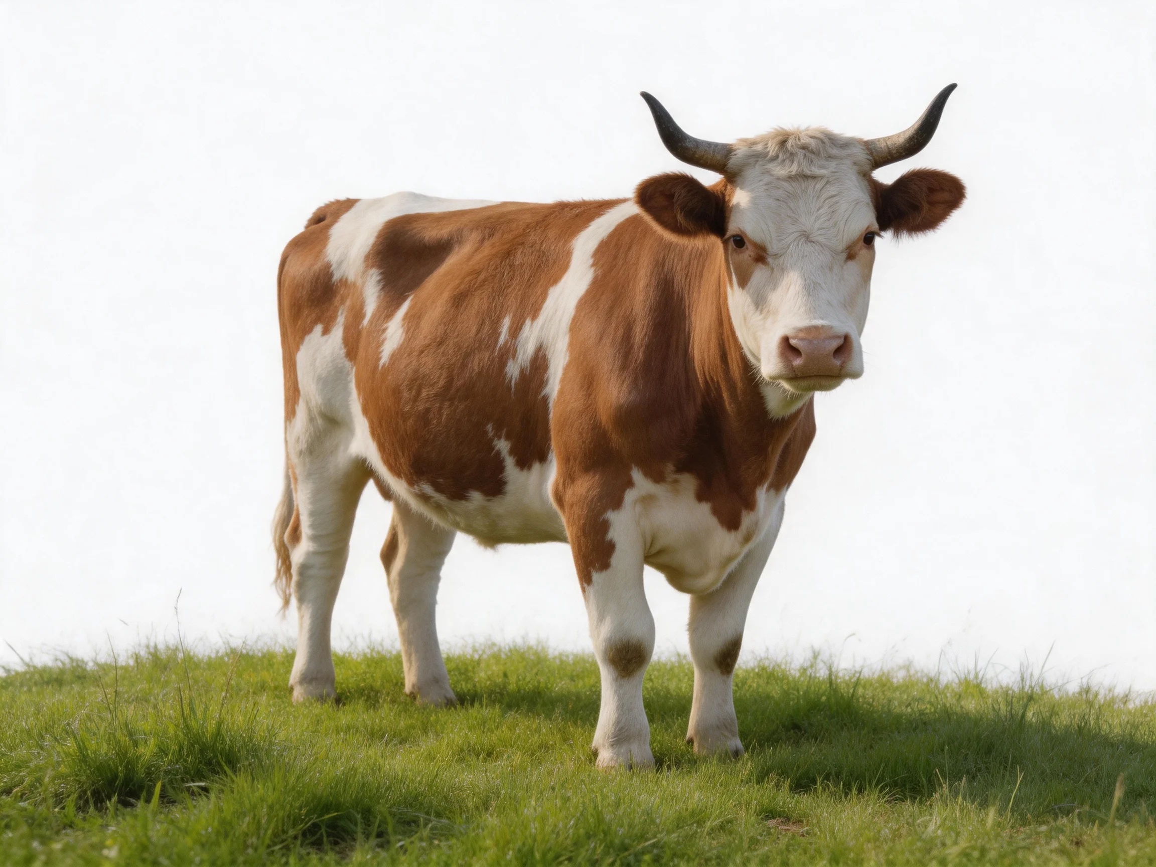 A brown and white cow stands on grass with a plain backdrop.