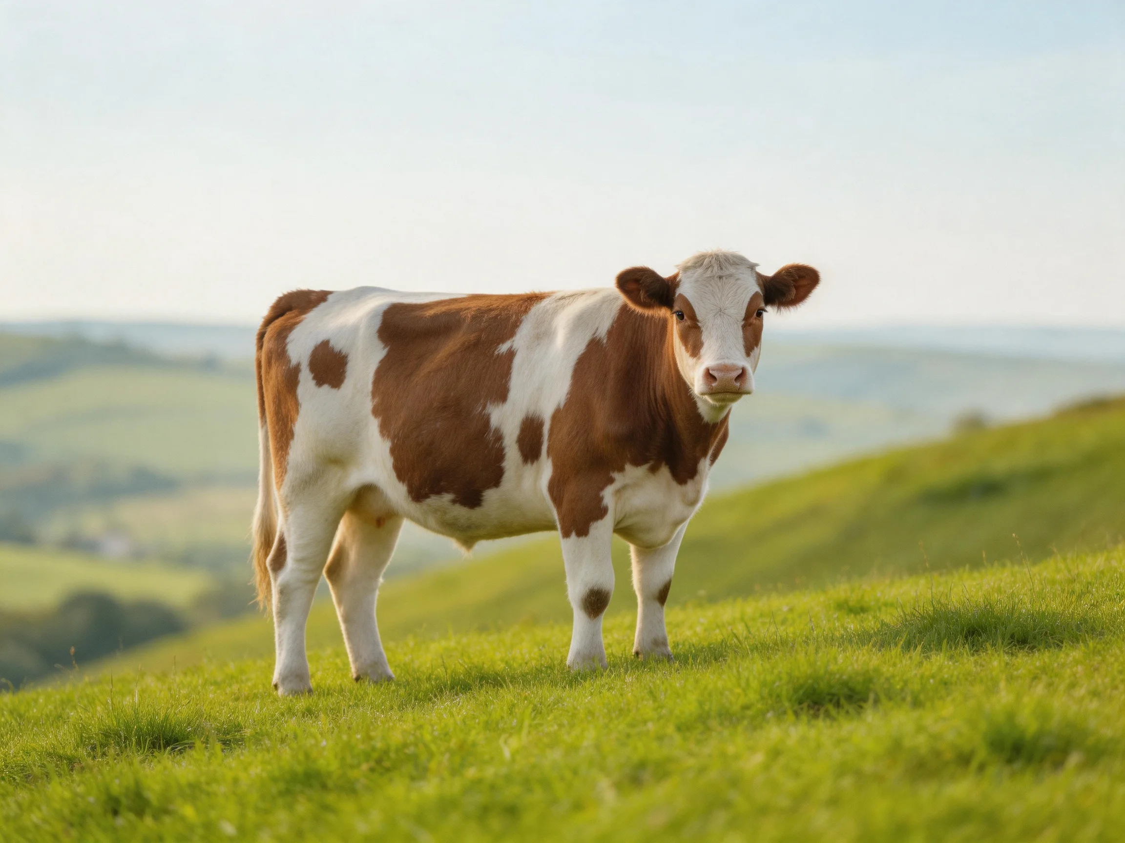 A brown and white spotted cow stands on a grassy hillside.