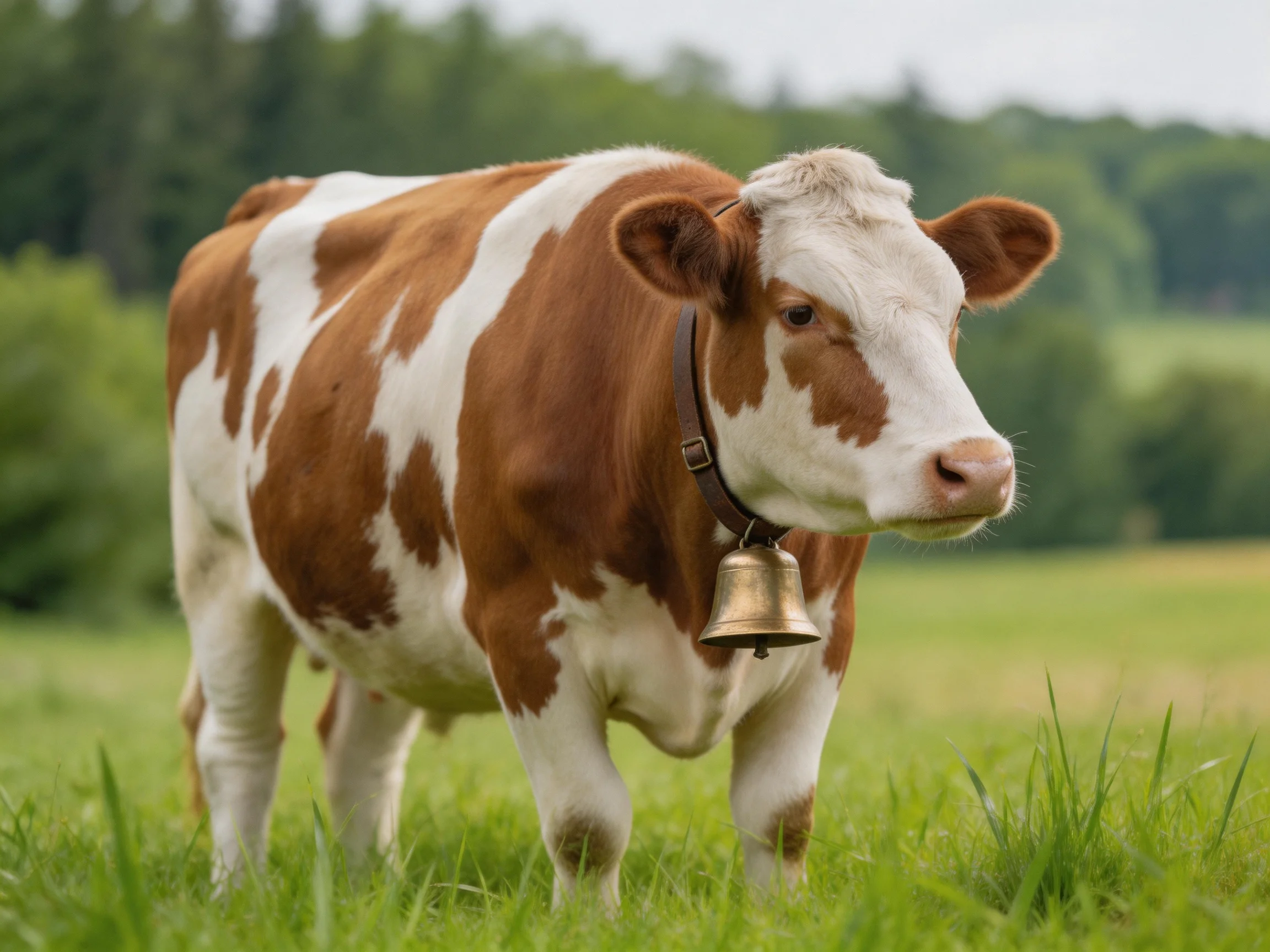 A brown and white spotted cow with a brass bell stands in lush green pasture