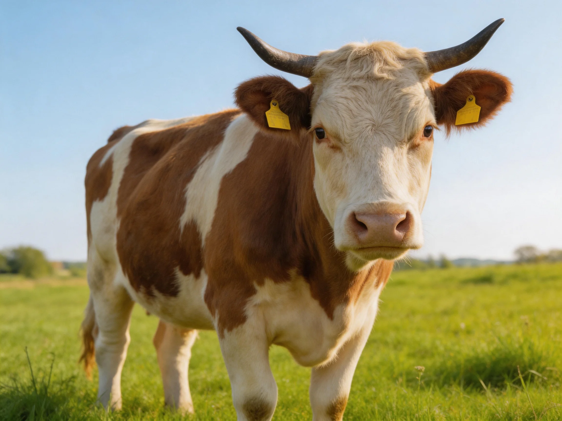 A brown and white cow with yellow ear tags stands in a sunlit green field.
