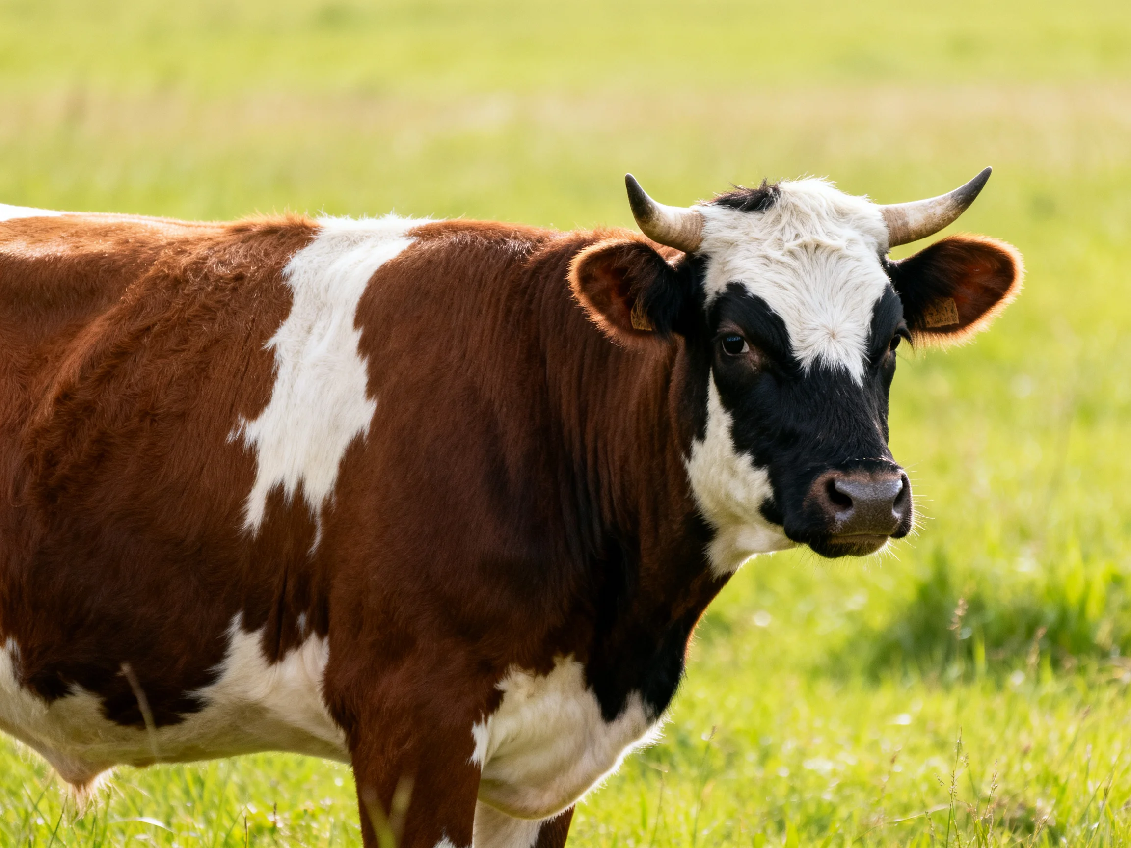 A brown and white spotted cow with curved horns in a sunlit green pasture