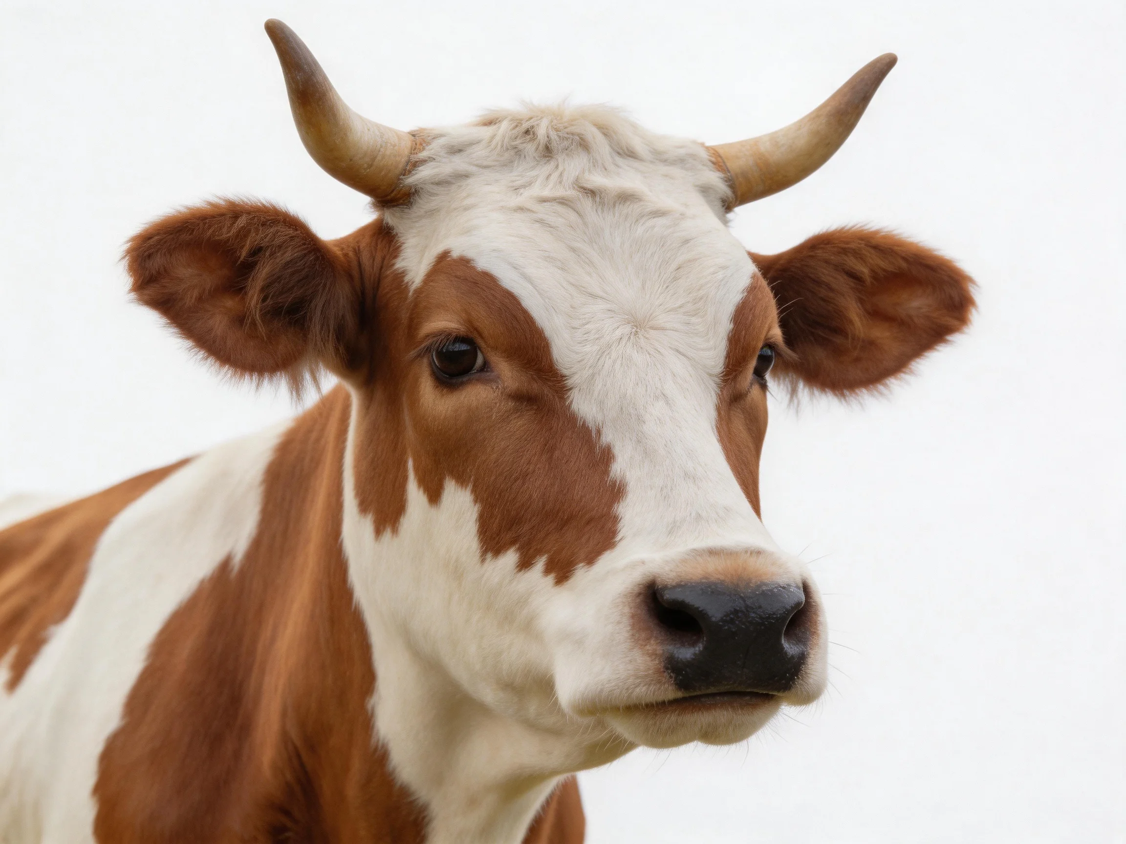 A brown and white spotted cow with curved horns in focus
